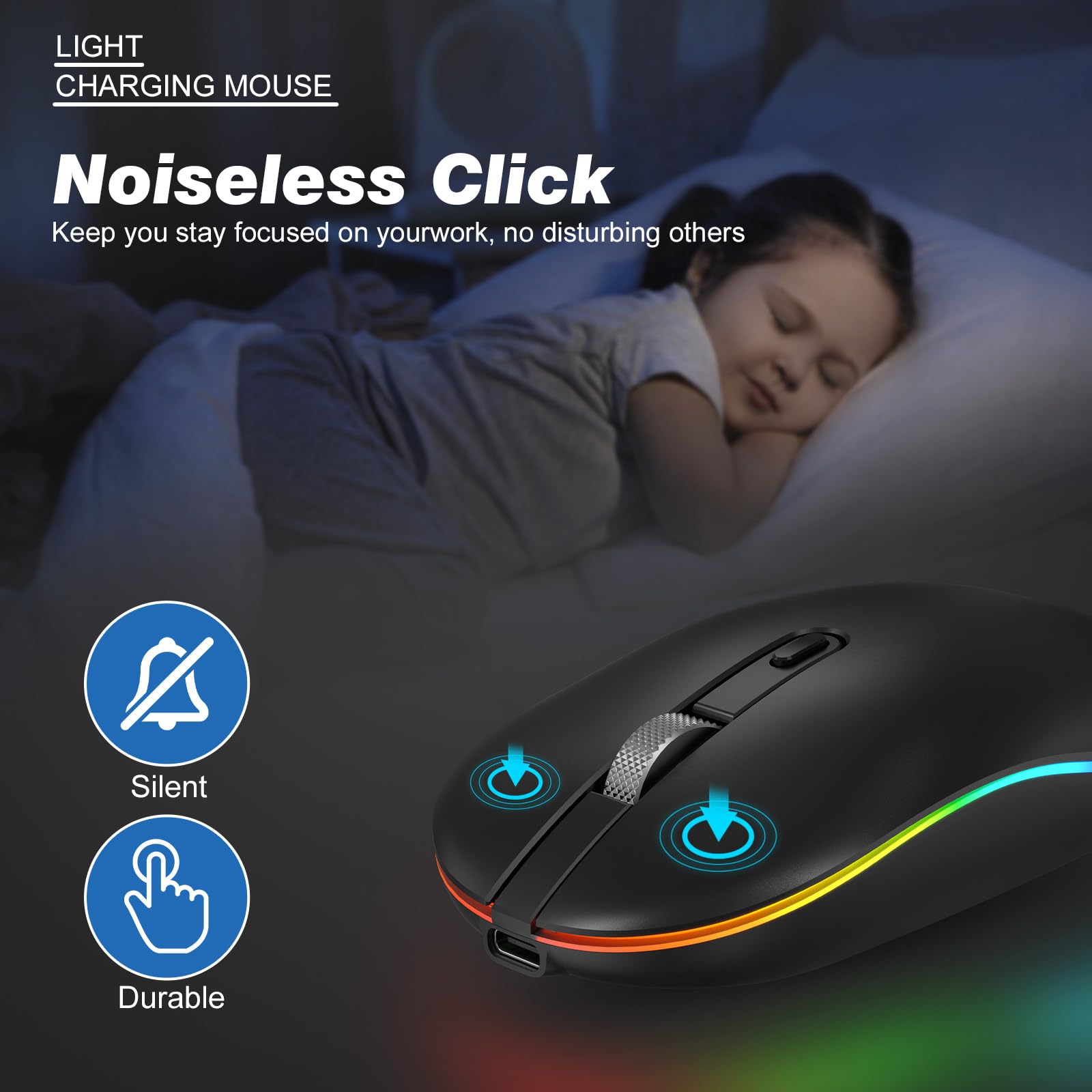 Racegt Led Wireless Mouse With Type C Charging Port, 2.4G Rechargeable Slim Silent Mouse With Usb & Type C Receiver, 3 Adjustabl