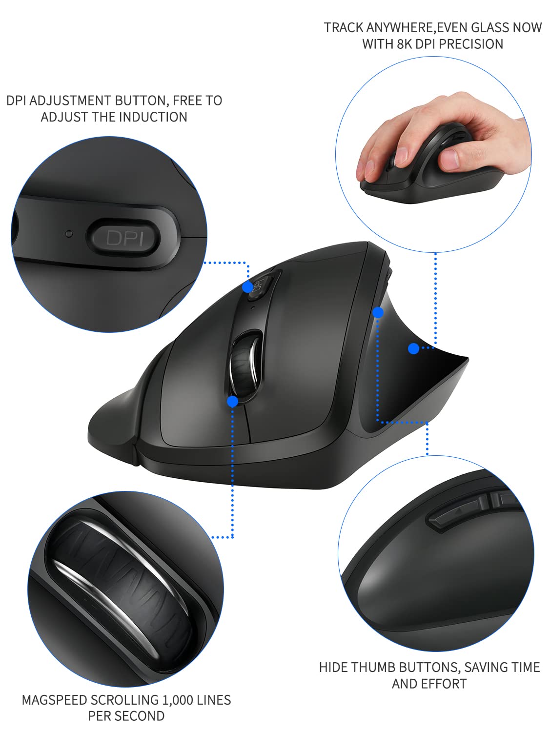 Censi Newtral Ergonomic Mouse,Vertical Wireless Mouse   2.4Ghz Optical Vertical Mice : 3 Adjustable Dpi 800/1200/1600 Levels, Fo
