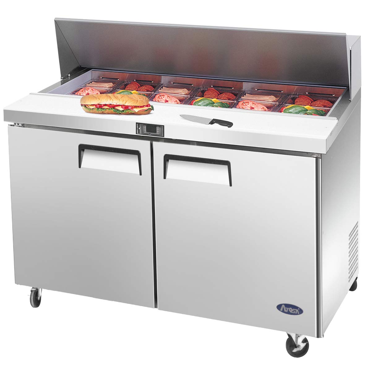 Atosa Msf8302Gr 48'' Sandwich & Salad Prep Table Refrigerator For Restaurant Hotel Deli Cafeteria | 2-Door 2-Shelf, 10'' Cutting