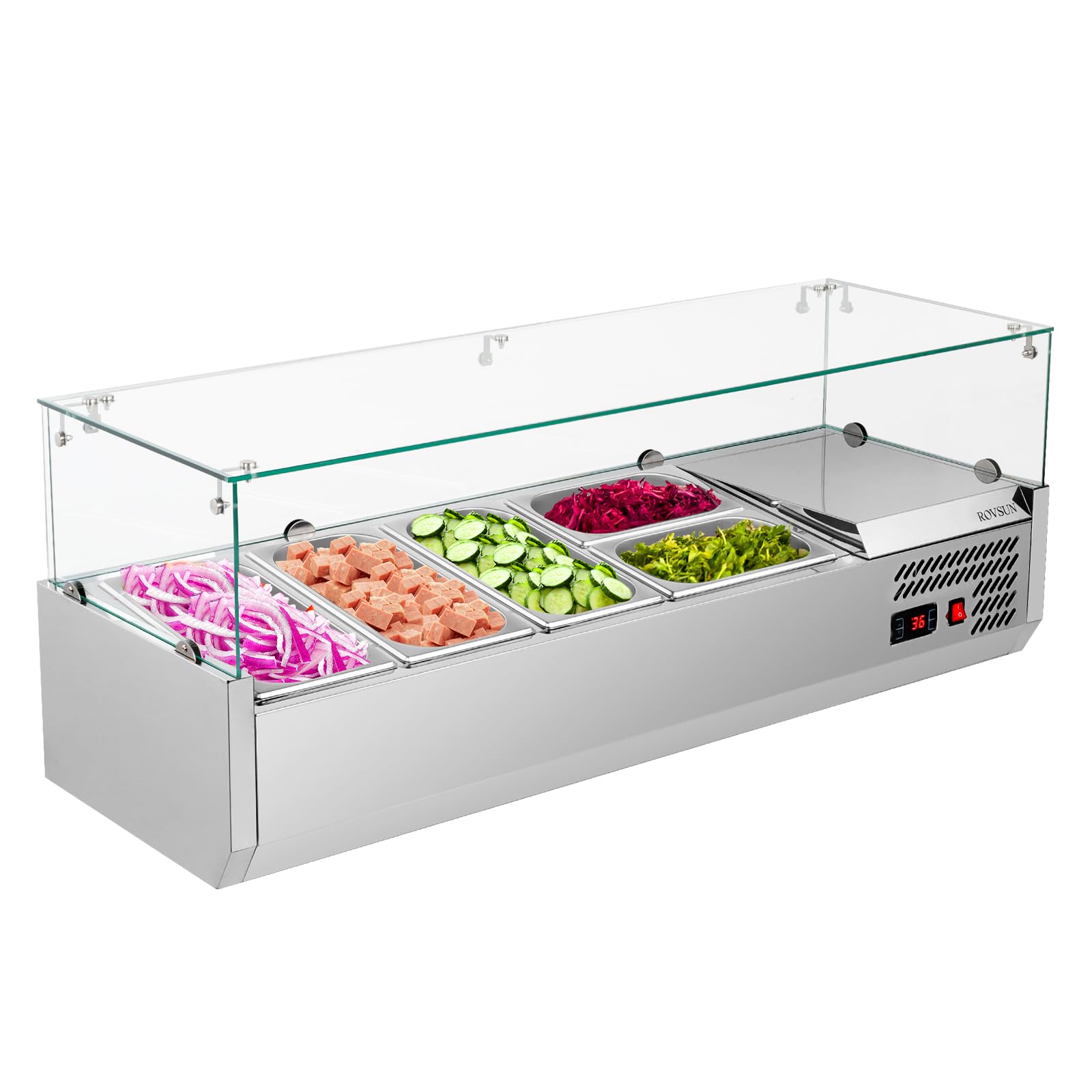 ROVSUN 47 Refrigerated Condiment Prep Station Sandwich Prep Table ETL NSF, 25.1QT Salad Bar Prep Rail w/Auto Defrost Temp Contro