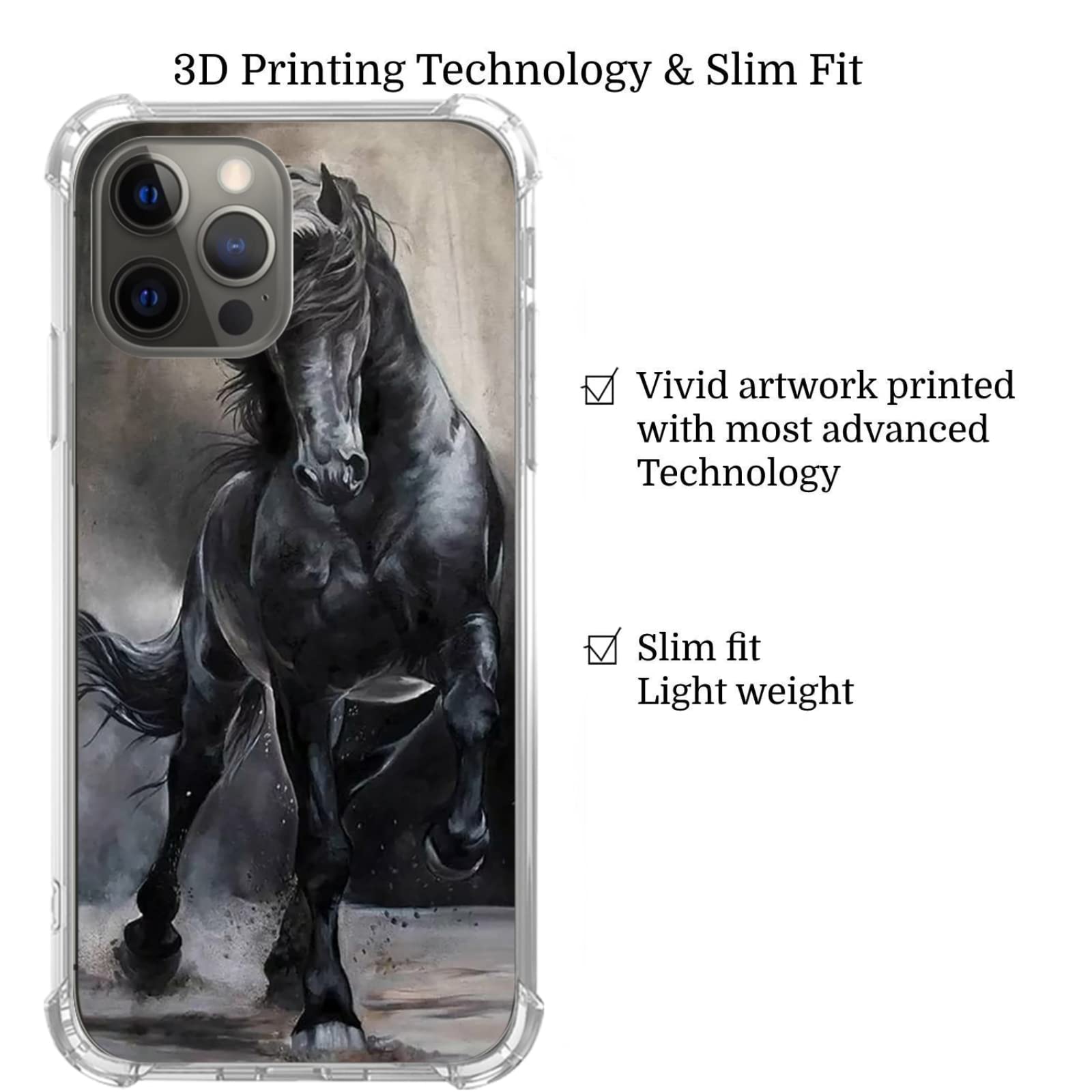 Elifi Edeal Black Horse Phone Case For Iphone 14 Pro, Cool Horse Animal Cover For Girls Boys Women Men, Unique Trendy Tpu Bumper