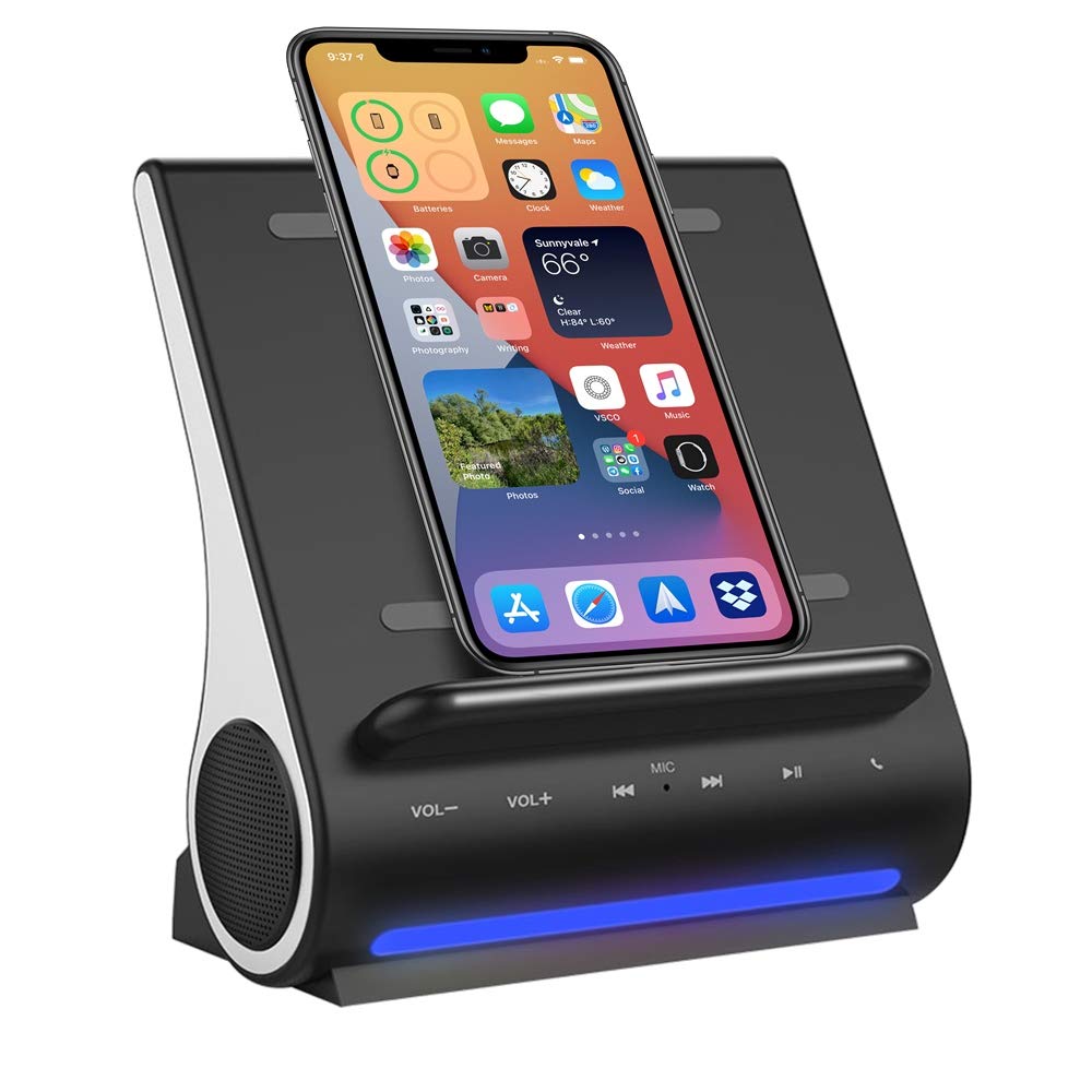 Fast Charging Wireless Charger, Bluetooth Premium Speakers, Docking Station with Built in Mic Handsfree Call, 4 in 1 Station for