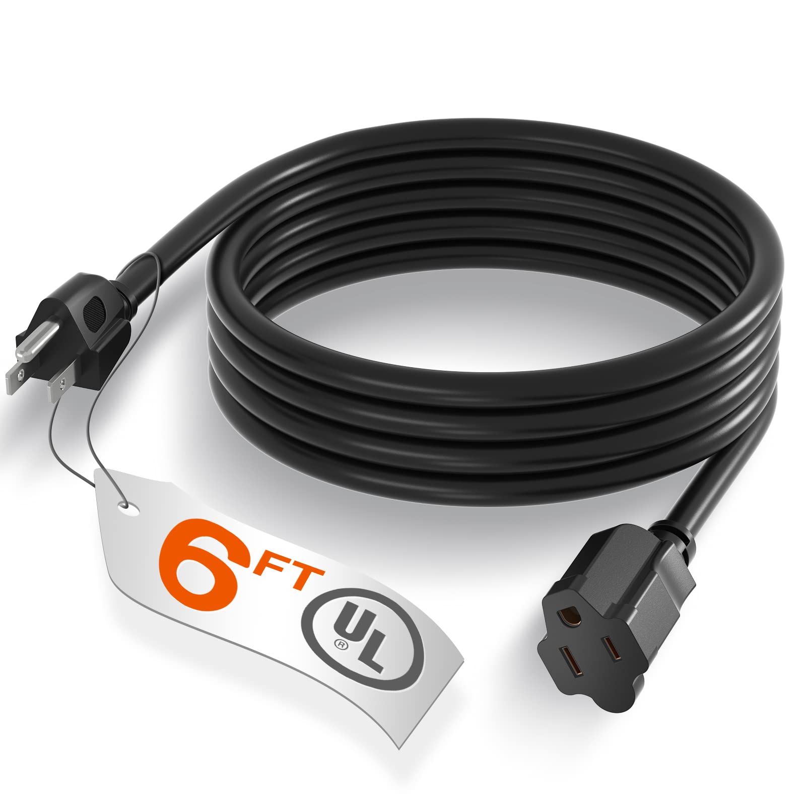 6 Feet Outdoor Extension Cord Waterproof, Black Extreme All Weather 16 Gauge Extensions Cord With Covers, Flexible 100% Copper 3