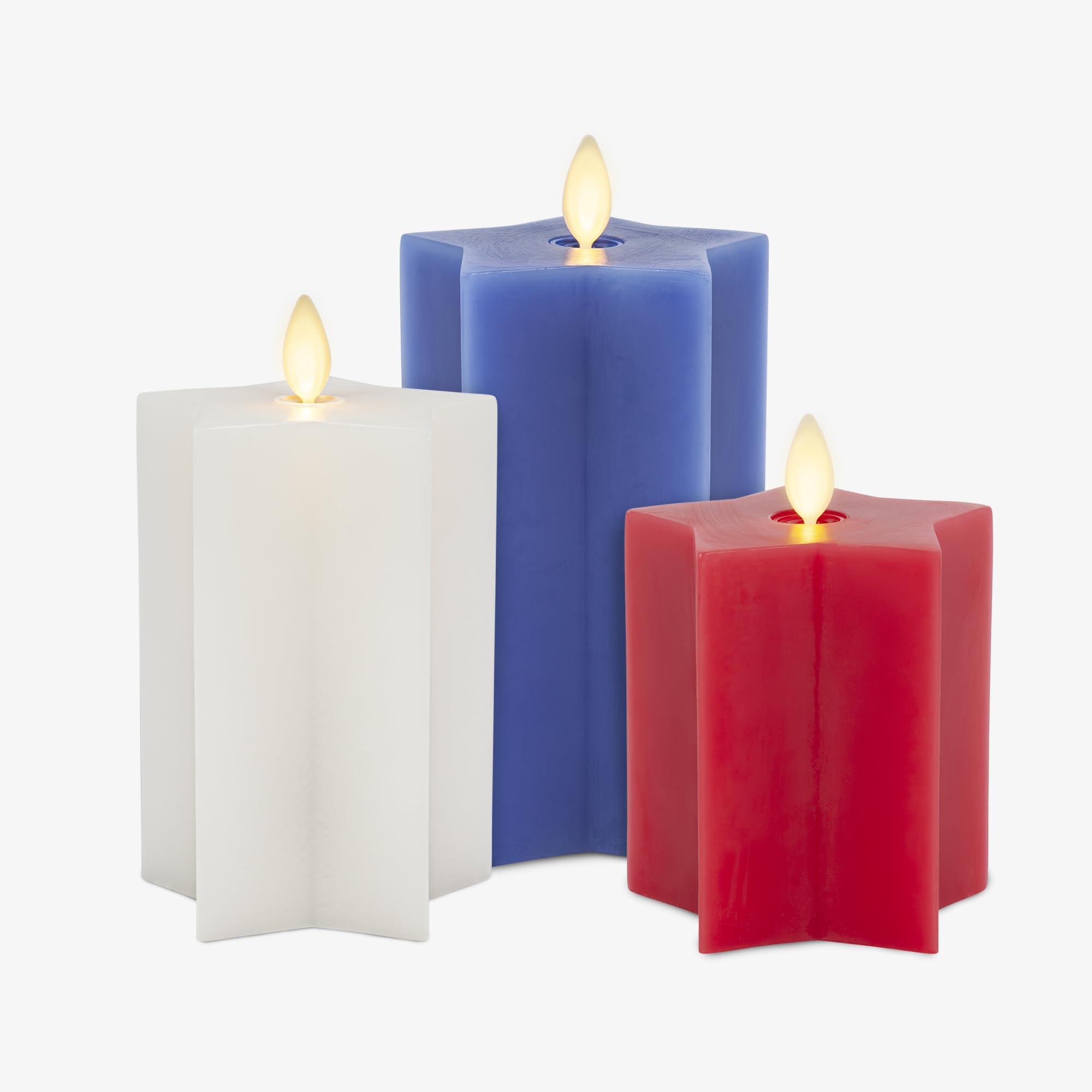 Luminara Americana Set of 3 Red, White & Blue Star-Shaped Flameless Candle Pillars - 3.2 x 4.3 / 5.5 / 6 Real Wax Moving Flame L