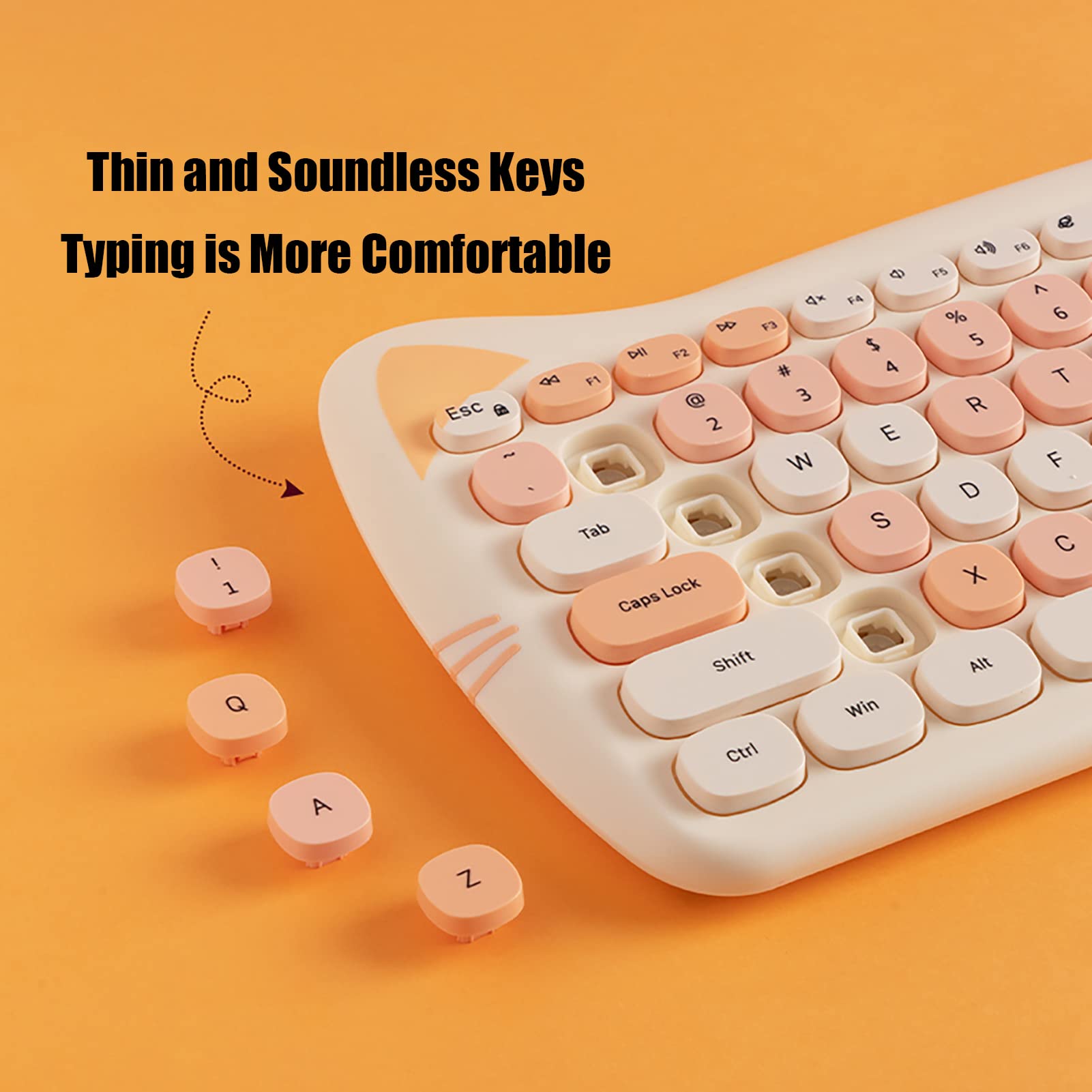Cute Cat 2.4G Usb Wireless Keyboard And Mouse Combo, Silent Keys, Candy Colors, Compatible With Notebook, Pc (Milktea 84Keys)