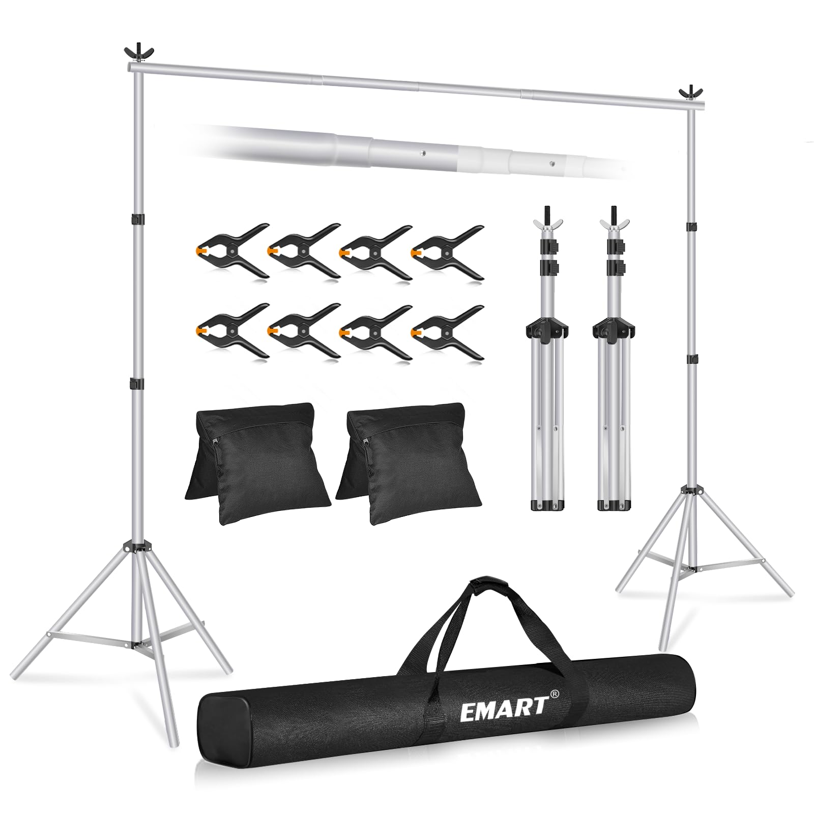Emart Backdrop Stand 10X7Ft(Wxh) Photo Studio Adjustable Background Stand Support Kit With 2 Crossbars, 8 Backdrop Clamps, 2 San