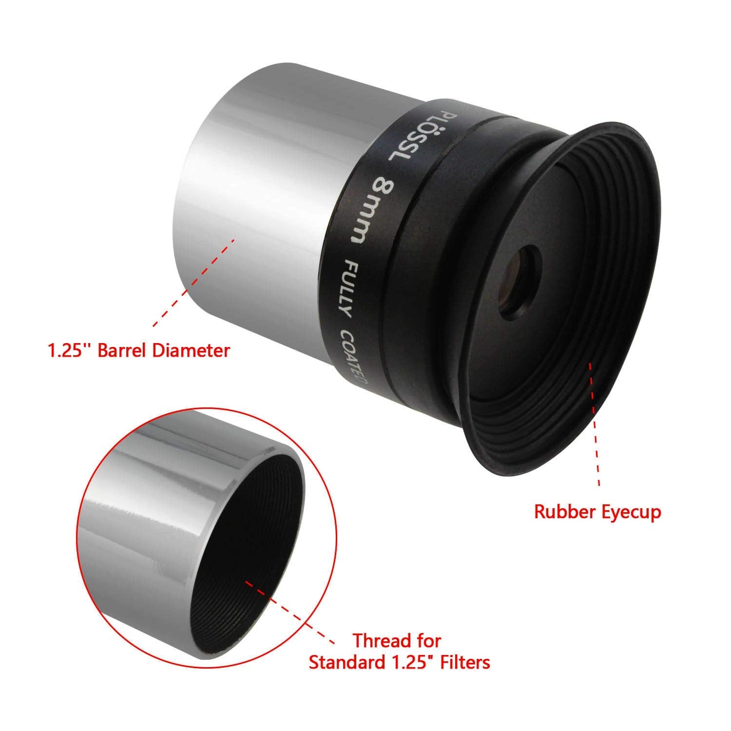 Astromania 1.25'' 8Mm Plossl Telescope Eyepiece   4 Element Plossl Design   Threaded For Standard 1.25Inch Astronomy Filters