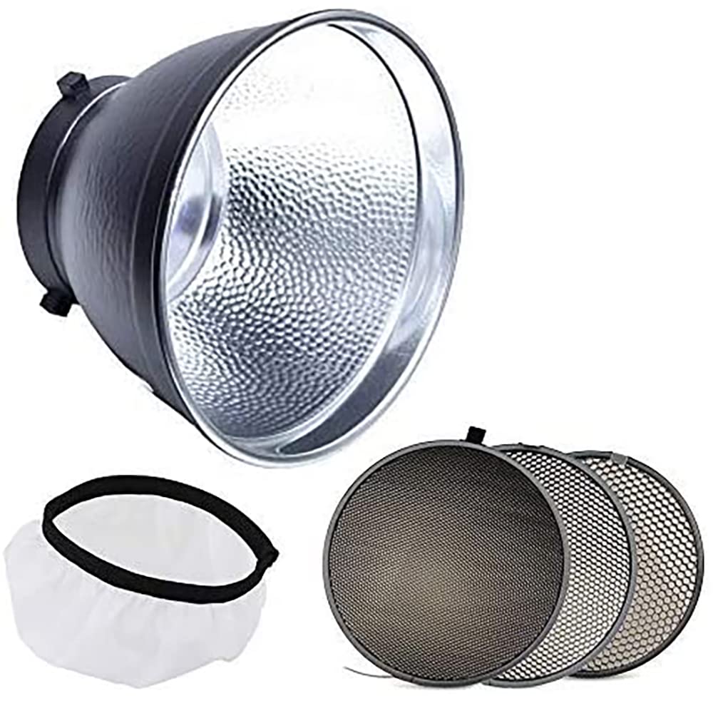 Fotoconic 7'' Standard Reflector With 20, 40, 60 Degree Honeycomb Grid & Diffuser Sock For Bowens Mount Studio Strobe Flash Ligh
