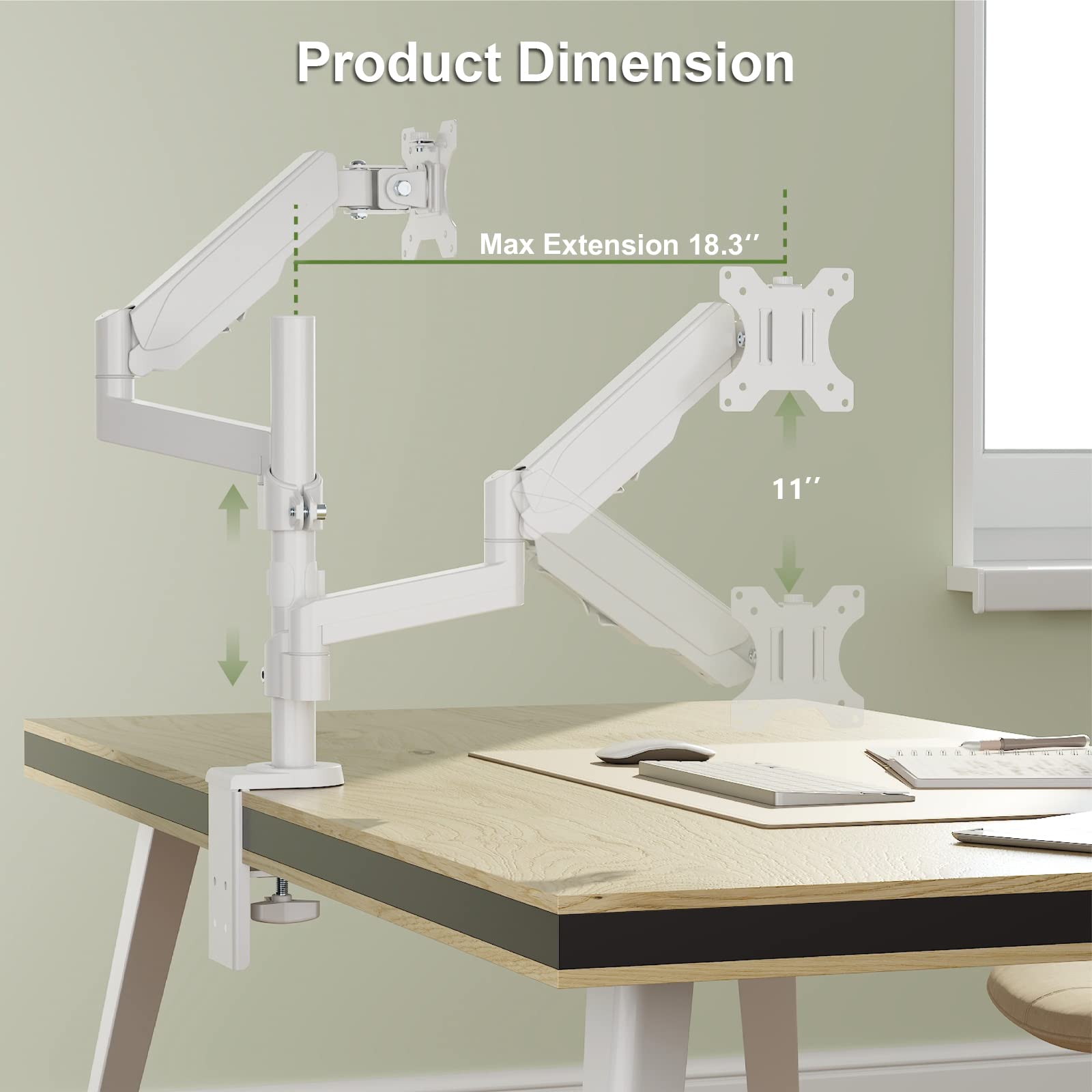 WALI Dual Monitor Mount, Adjustable Gas Spring Arms Desk Mount for 2 Monitors up to 32 inch, 17.6lbs Weight Capacity, Mounting Holes 75 x 75mm or 100 x 100mm (GSDM002W), White