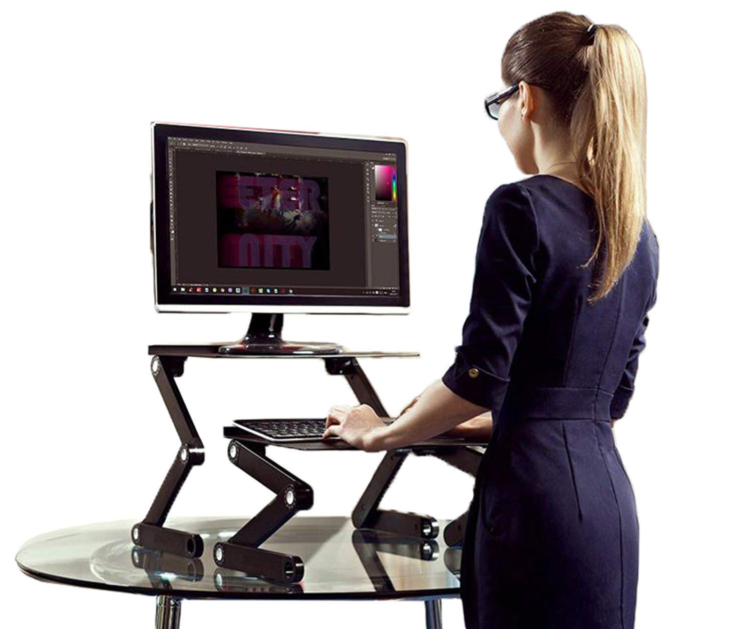 Workez Adjustable Standing Desk Converter W/2 Fans & 3 Usb Ports, Sit To Stand Desk Riser Monitor Standing Computer Desk, Height & Angle Negative Tilt