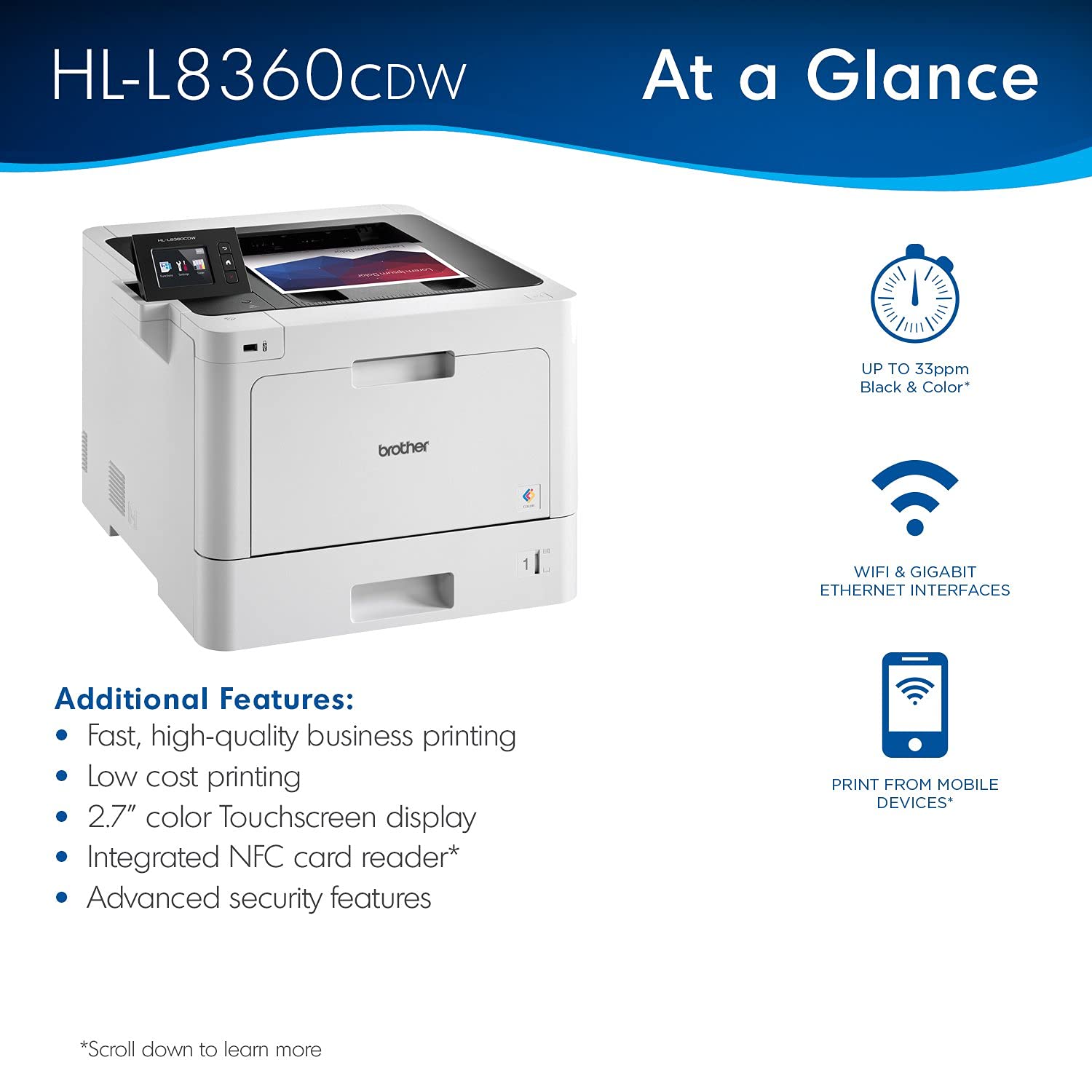 Brother Business Color Laser Printer, Hl-L8360Cdw, Wireless Printing, Mobile Cloud Printing, 2.7 Lcd, Auto 2-Sided Printing, Spe