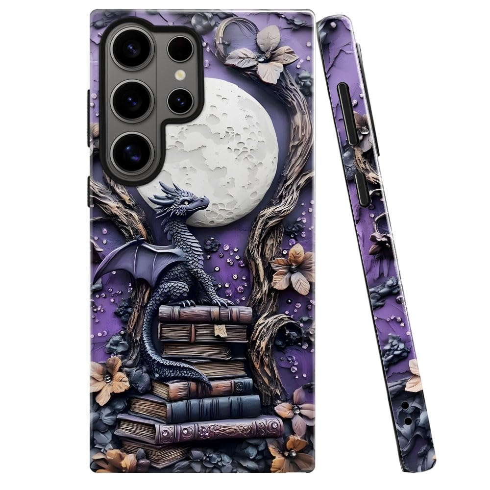 Case for Samsung Galaxy S26 Ultra,Purple Dragon Book Moon Flower Phone Case Military-Grade Drop Protection Cover for Women Girl 
