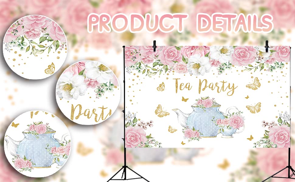Partea Background Tea Party Backdrop Pink Rose Floral Gold Butterfly Teapot Let'S Partea ...