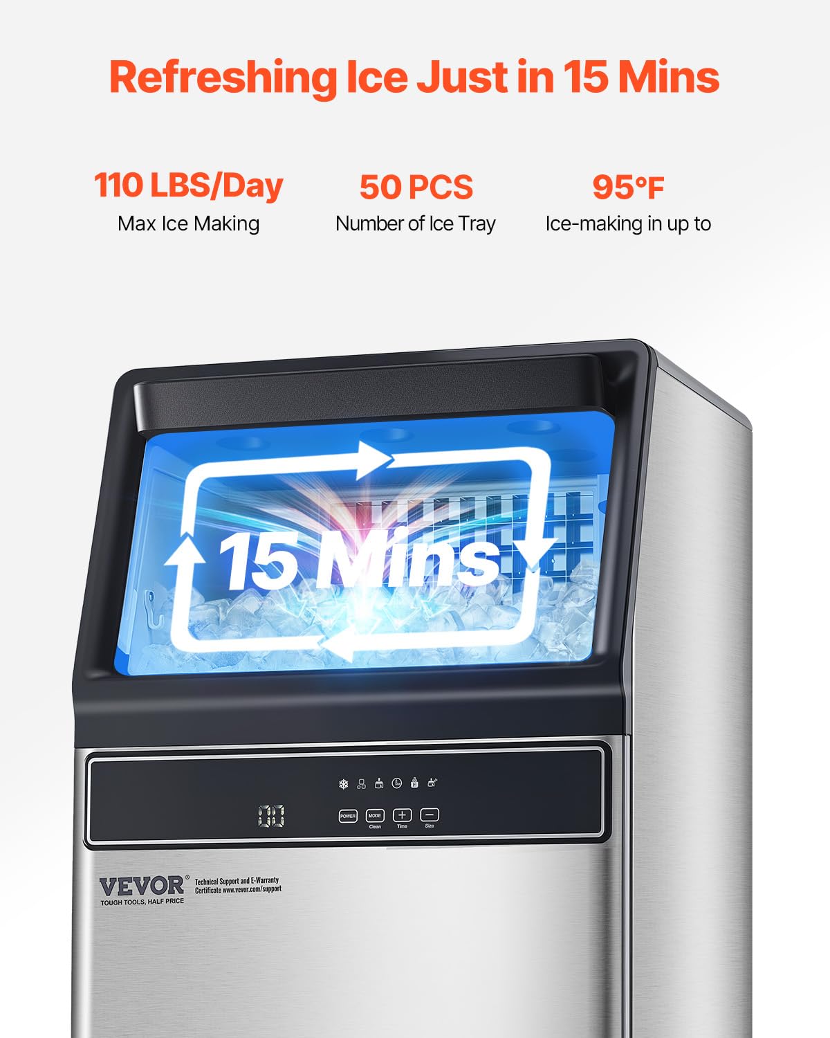 Vevor 110Lbs/24H Commercial Ice Maker Machine With Drain Pump, 33Lbs Storage Capacity Ice Maker, 50 Ice Cubes In 15 Minutes, Led