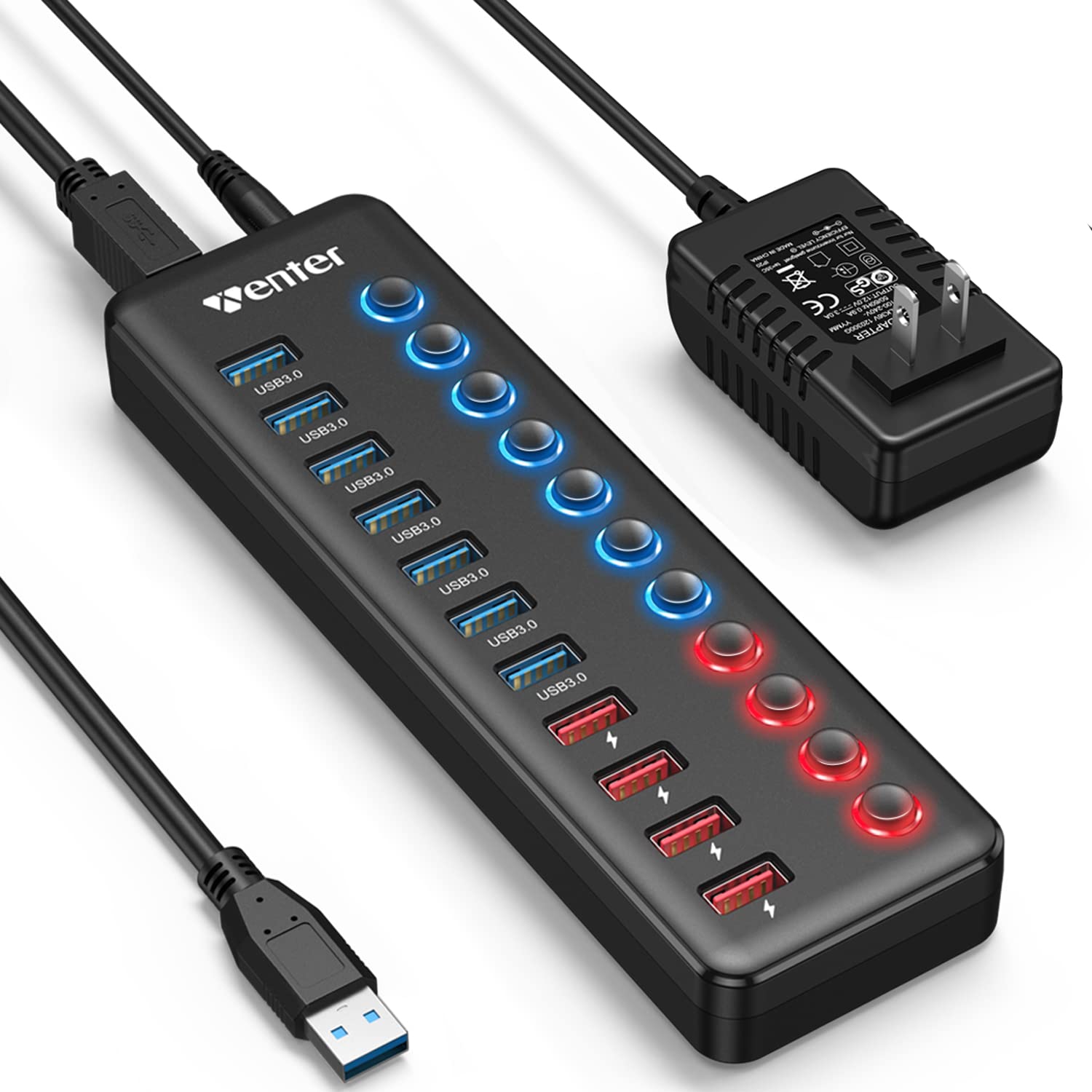 Powered Usb 3.0 Hub, Wenter 11 Port Hub Splitter (7 Faster Data Transfer Ports+ 4 Smart Charging Ports) With Individual Led On/Off Switches, Power Adapter For Mac, Pc