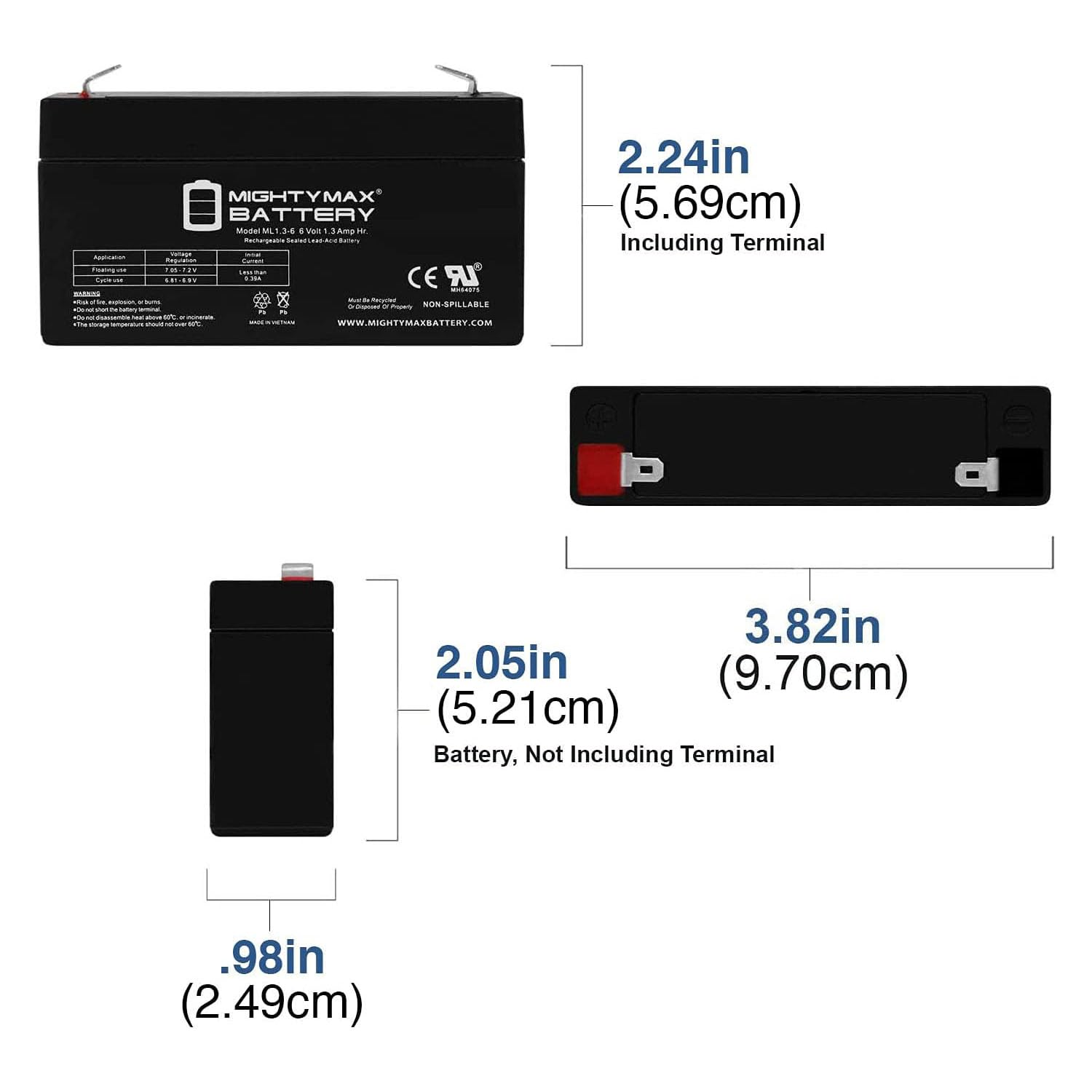 Mighty Max Battery Ml1.3-6 6V 1.3Ah Sla Battery F1 Terminal - Pack Of 4