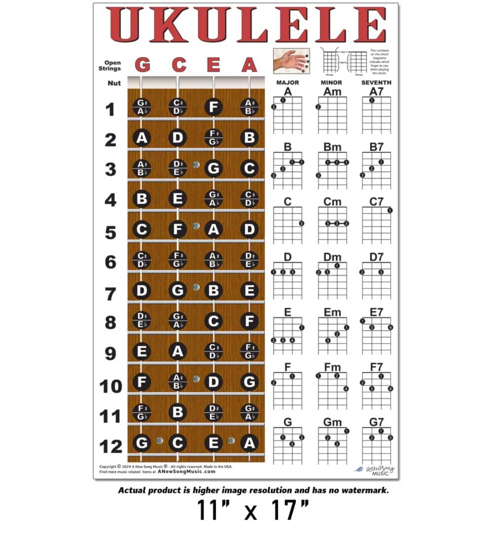 Ukulele Fretboard Notes & Chord Chart Instructional Poster Gcea Tuning Easy Uke Chords Soprano Concert Tenor A New Song Music 11