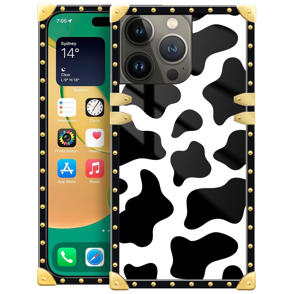 Pinsheng Phone Case Compatible with iPhone 14 Pro Max, Cow Print Square Shockproof TPU Metal Corner 6.7 inch
