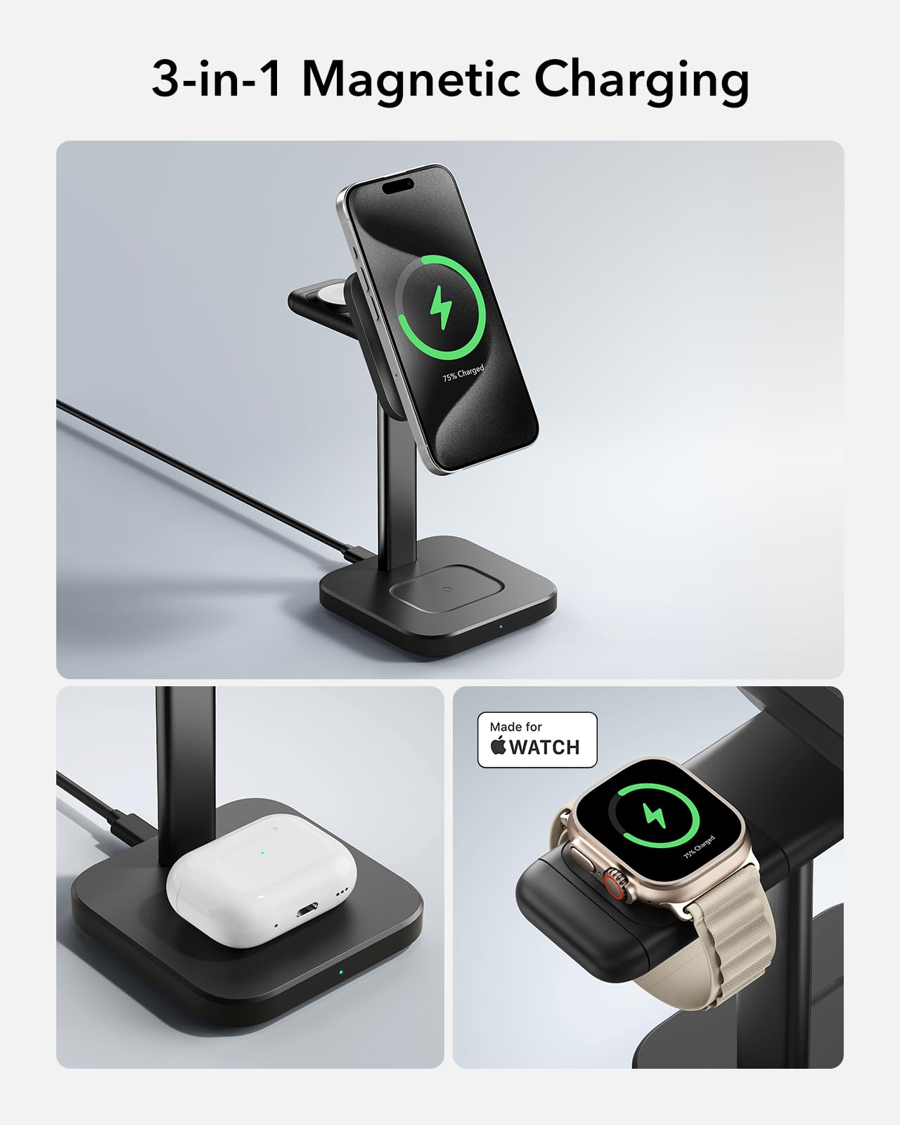 Esr 3 In 1 Wireless Charging Station For Apple[Certified] Portable Apple Watch Charger & Magsafe Charger Stand, Wireless Charger