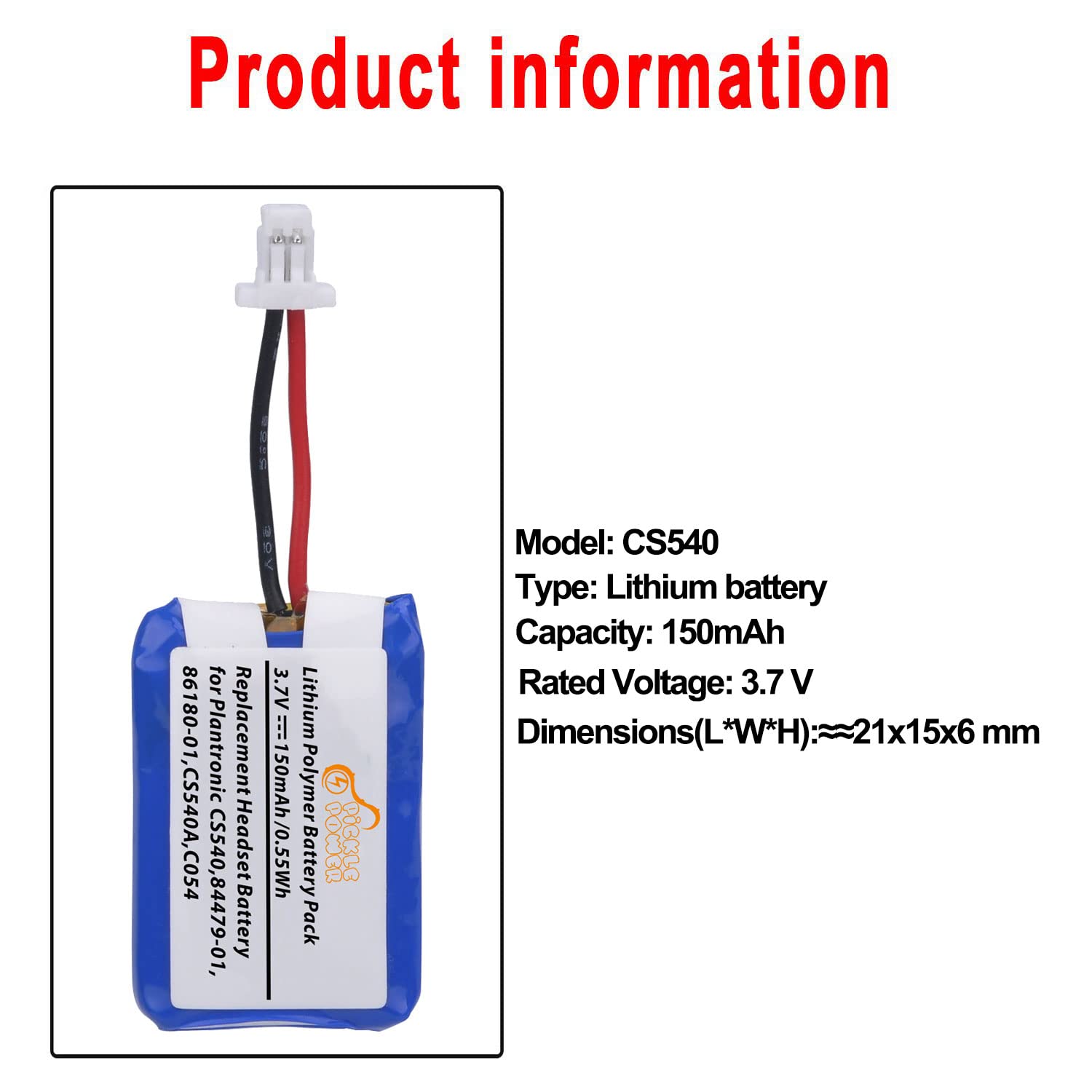 Pickle Power Cs540 C054 Battery, 2 Pack Replacement Battery For Plantronics Cs540 Cs540A C054 Wireless Headset 84479 01, 86180 0