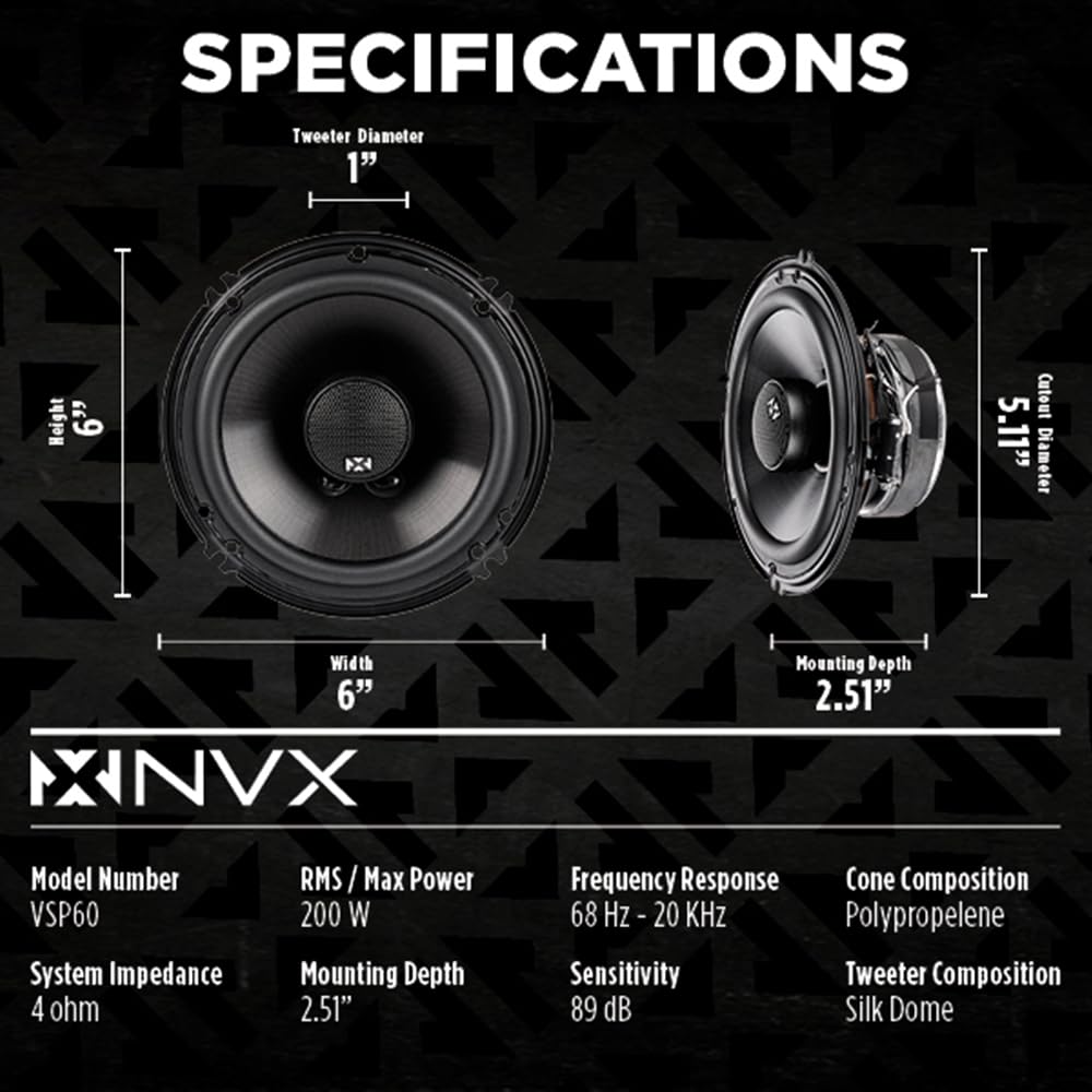Nvx Vsp60 6'' Premium Car Speakers, 600W Max, 200W Rms, 2 Way 6 Inch Coaxial W/ 1'' Silk Dome Tweeters & Built In X Overs, Easy