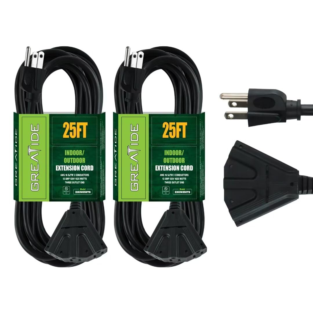 Greatide 2 Pack 25 Ft Outdoor Extension Cord With 3 Electrical Power Outlets   16/3 Sjtw Black Cable With 3 Prong Grounded Plug