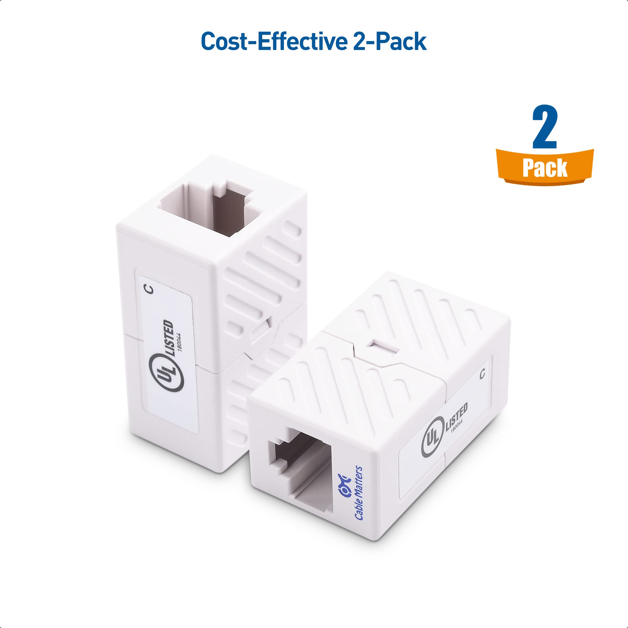 [UL Listed] Cable Matters 2 Pack 10Gbps Cat 6 Ethernet Coupler (RJ45 Coupler, Cat6 Coupler, Ethernet Extender Adapter) in White, Compatible with Cat6A, Cat5e