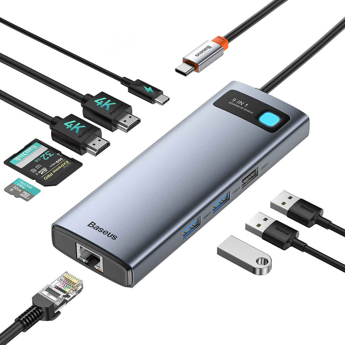 Baseus Laptop Docking Station Dual Monitor 4K@120Hz, 9 In 1 Usb C Hub With 2 Hdmi, 1000Mbps Lan, Max 85W Pd, 3 Usb, Sd Card Reader, Usb C Dock Compatible With Iphone 15/Mac/Dell/Hp/Surface/Steam Deck