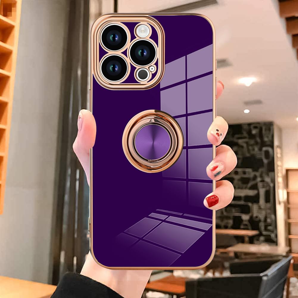 Kanghar Phone Case Compatible With Iphone 15 Pro For Women Girls, Plating Built-In 360 Rotation Magnetic Ring Kickstand Holder S