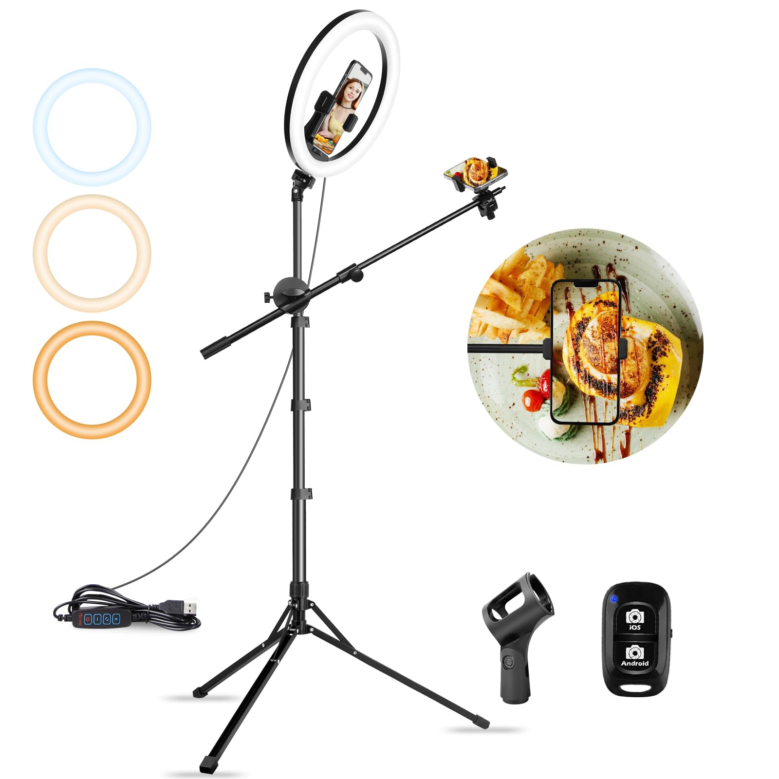 Aureday 12'' Selfie Ring Light With Stand And Phone Holder, Overhead Ringlight Tripod For Iphone Photography-Led Circle Lighting