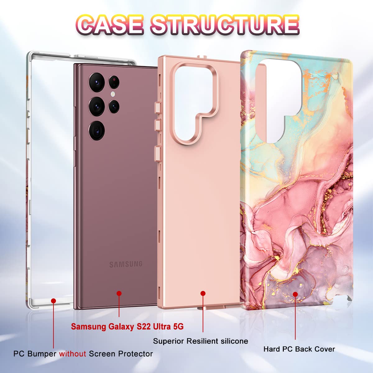 Btscase Case For Samsung Galaxy S22 Ultra 5G, Marble Pattern 3 In 1 Heavy Duty Shockproof Full Body Rugged Hard Pc+Soft Silicone