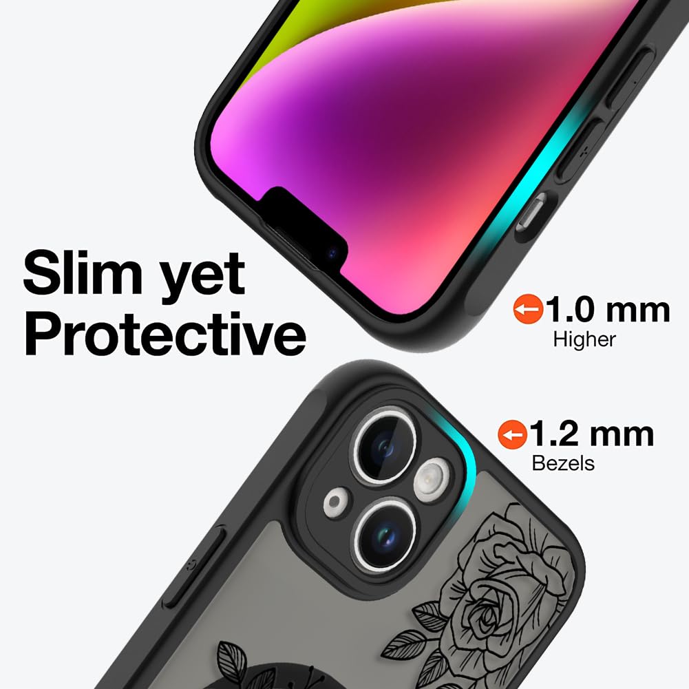 Ook Magnetic For Iphone 14 Plus Case Black Flower Floral Pattern [Compatible With Magsafe] Slim Translucent Matte Camera Lens Pr