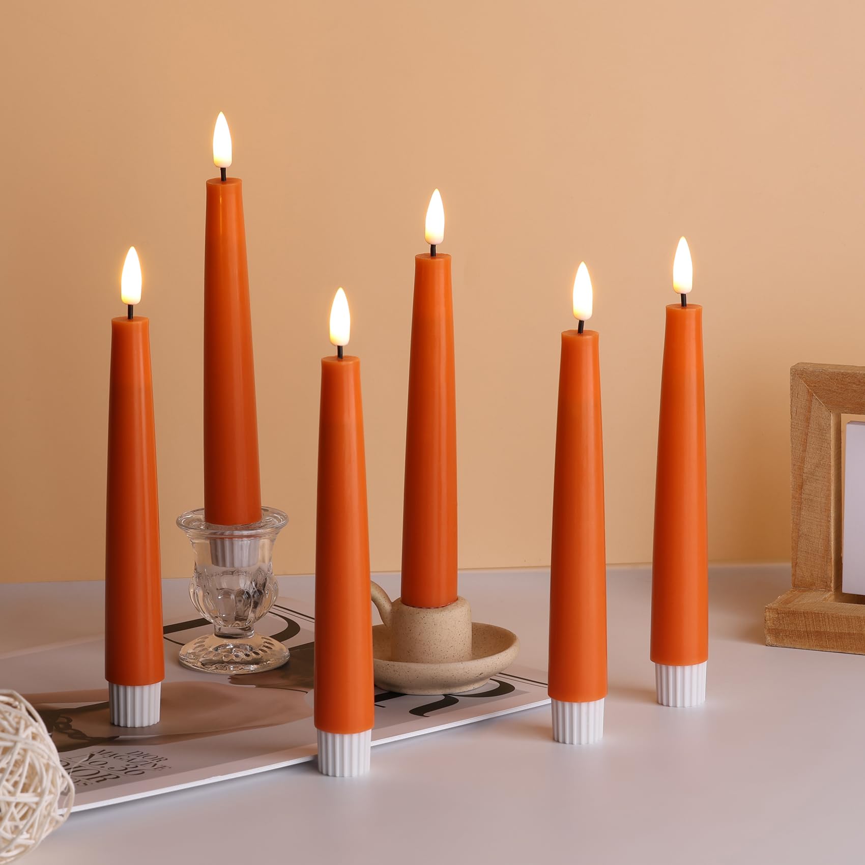 Eywamage Short Orange Flameless Taper Candles With Remote, Flickering Halloween Fall Led Candlesticks Set Of 6