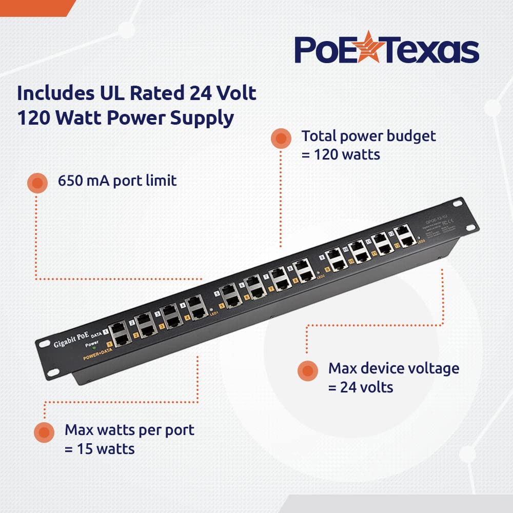 Poe Texas   Poe Injector   12 Port Gigabit Passive Midspan Injector With 24V 120 Watt Ul Power Supply   Power Over Ethernet For
