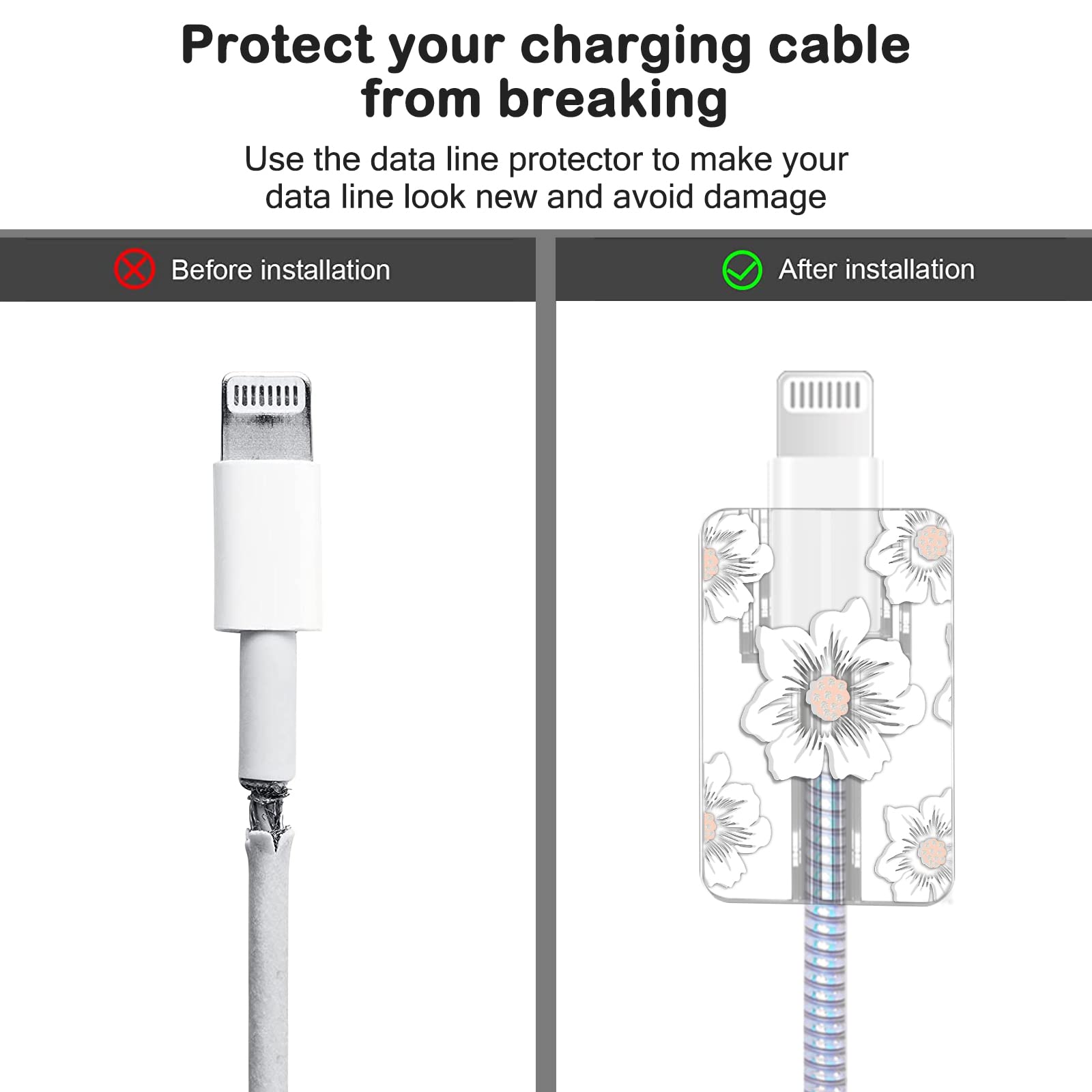 Cute Flowers Diy Protectors Cable Protector For Iphone Charger,Elegant White Camellia Pattern,Data Cable Usb Charger Data Line E