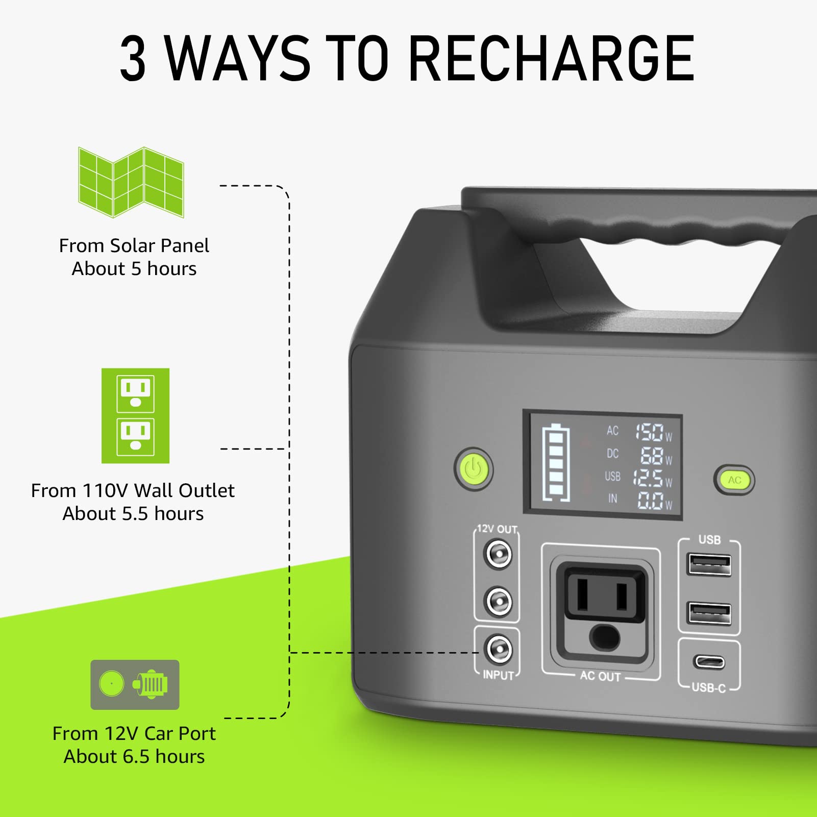 Portable Power Station 150W 155Wh, Enginstar Power Bank With 110V Ac Outlet, 42000Mah 6 Outputs External Battery Pack With Led L