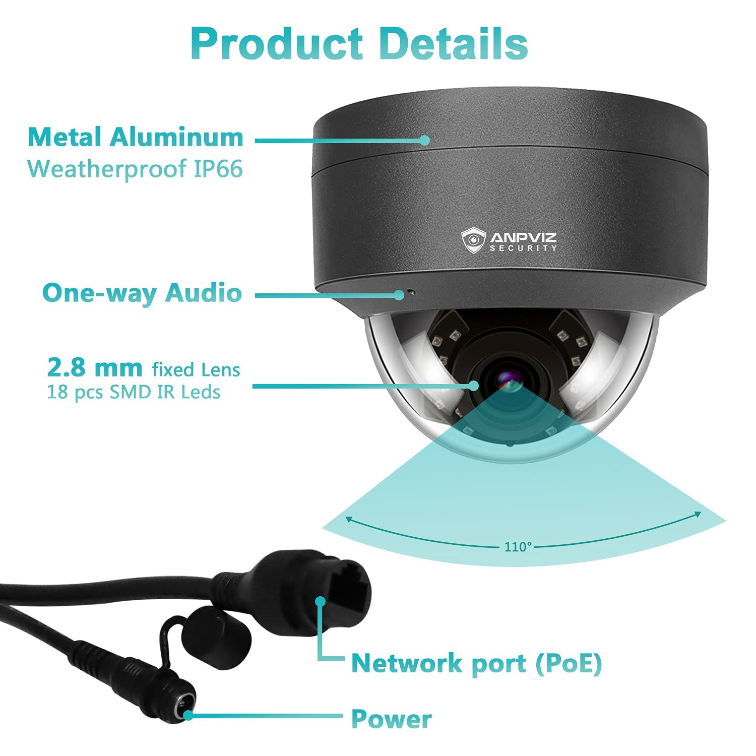 Anpviz 5Mp Poe Camera, Outdoor Vandal Dome Security Poe Ip Camera With Audio, 98Ft Night Vision, H.265, 24/7 Recording Waterproo