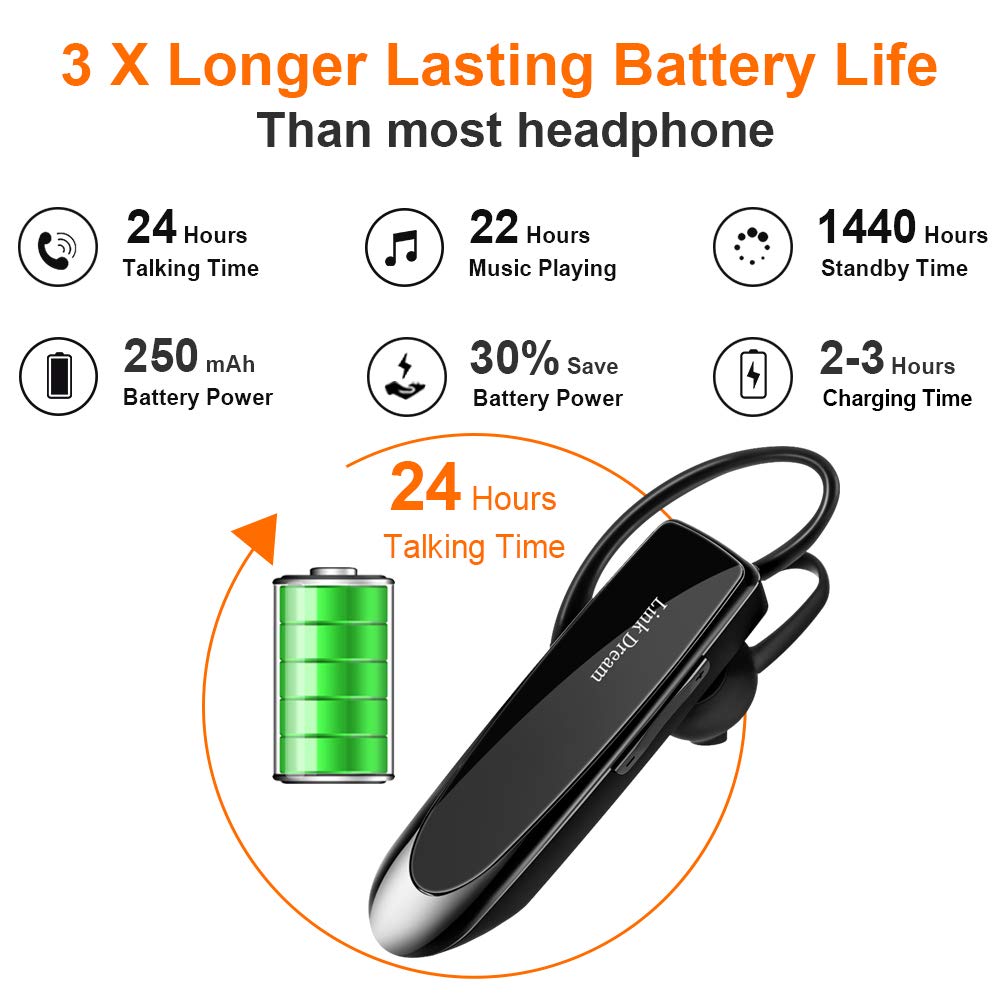 Link Dream Bluetooth Earpiece For Cell Phone Hands Free Wireless Headset Noise Cancelling Mic 24Hrs Talking 1440Hrs Standby Compatible With Iphone Android For Driver Trucker (2 Pack)