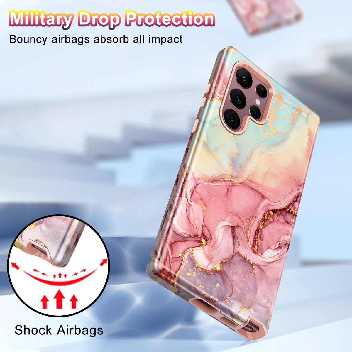 Btscase Case For Samsung Galaxy S22 Ultra 5G, Marble Pattern 3 In 1 Heavy Duty Shockproof Full Body Rugged Hard Pc+Soft Silicone