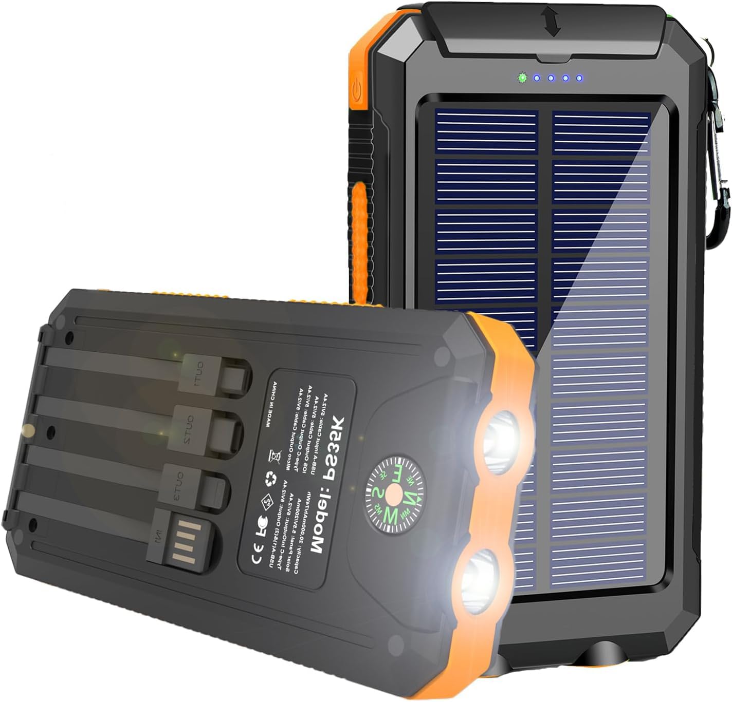 Solar Charger Power Bank 20000mAh Portable Charger with 4 Builtin Cables and USBC in/Output, Dual Emergency Flashlights, Water
