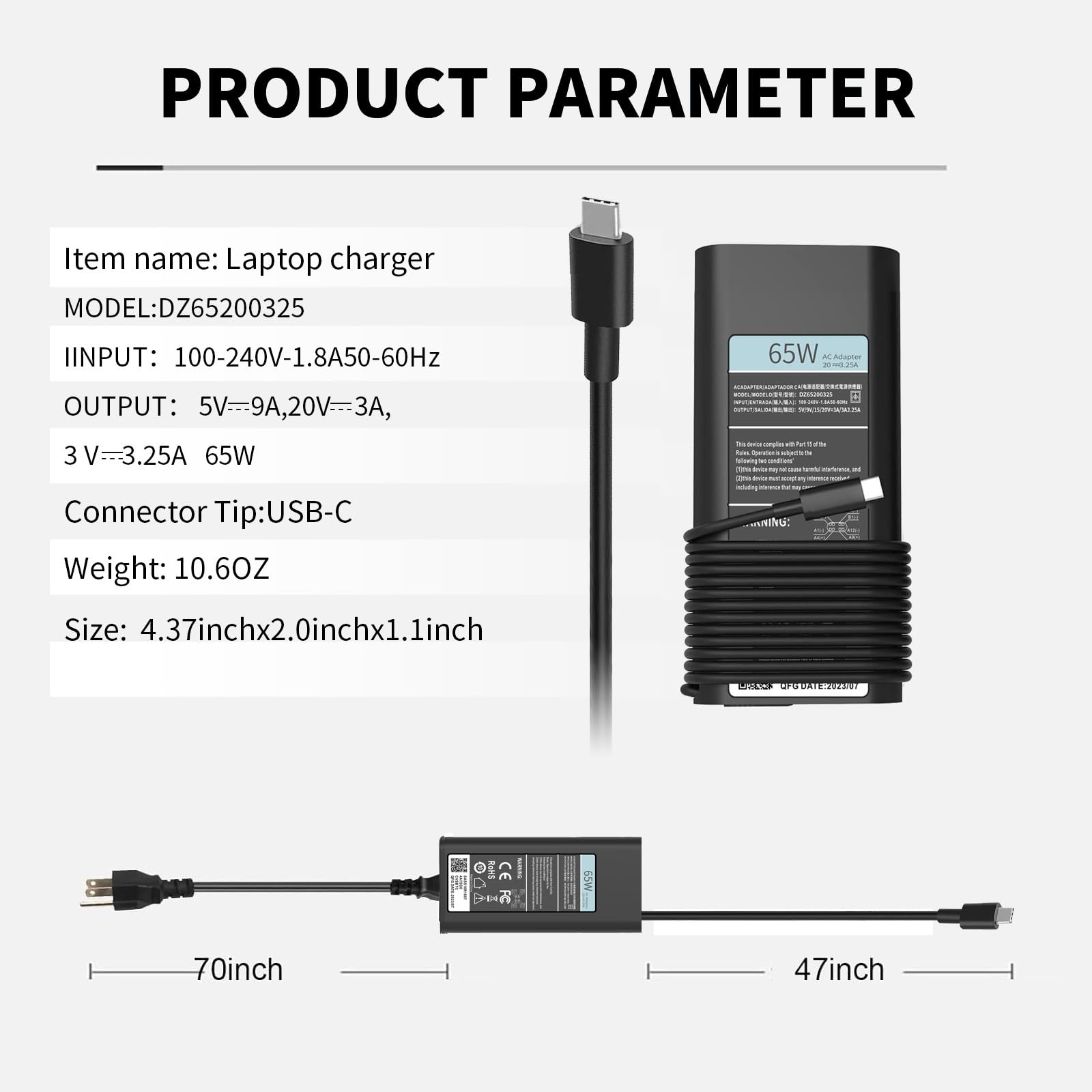 65W Usb Type C Laptop Charger For Dell Usb C Charger, Dell Laptop Charger For Latitude 5420 7420 5520, Inspiron 16 7620 2 In 1,X