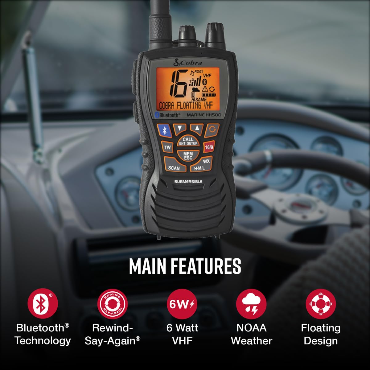 Cobra Mr Hh500 Flt Bt Handheld Floating Vhf Radio � 6 Watt, Bluetooth, Submersible, Noise Cancelling Mic, Backlit Lcd Display, Floating And Waterproof Design (Ip67 Rating), Memory Scan, Black