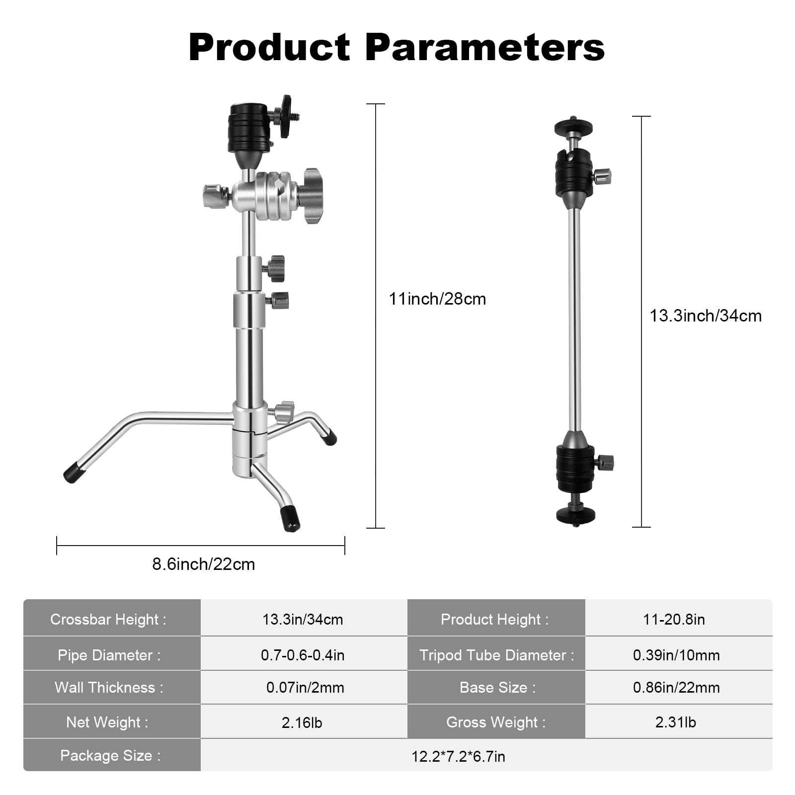 Supon 20' Mini Pocket C Stand, All Metal Adjustable Small 20.8' C Stand Short Tripod Stand With 13' Boom Arm Grip Head, 3 Ball Head, Sliding Leg For Camera, Smartphone, Light, Mic Photography   Silver