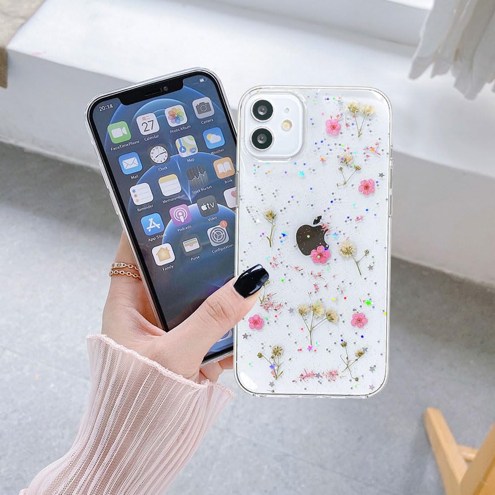 Abbery For Iphone 11 Case Flower, Clear With Design Cute Soft Silicone Flexible Aesthetic Pressed Dried Real Flowers Babysbreath