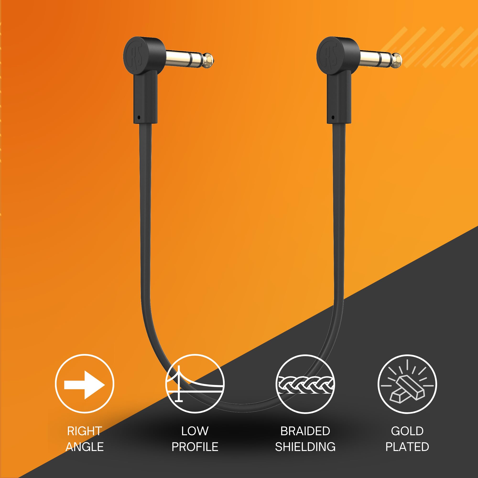 Rock Stock 1/4'' Stereo Trs Flat Patch Cables   18'' Ultra Thin, Right Angle, Low Profile, Gold Plated, Braided Shielding   Maxi