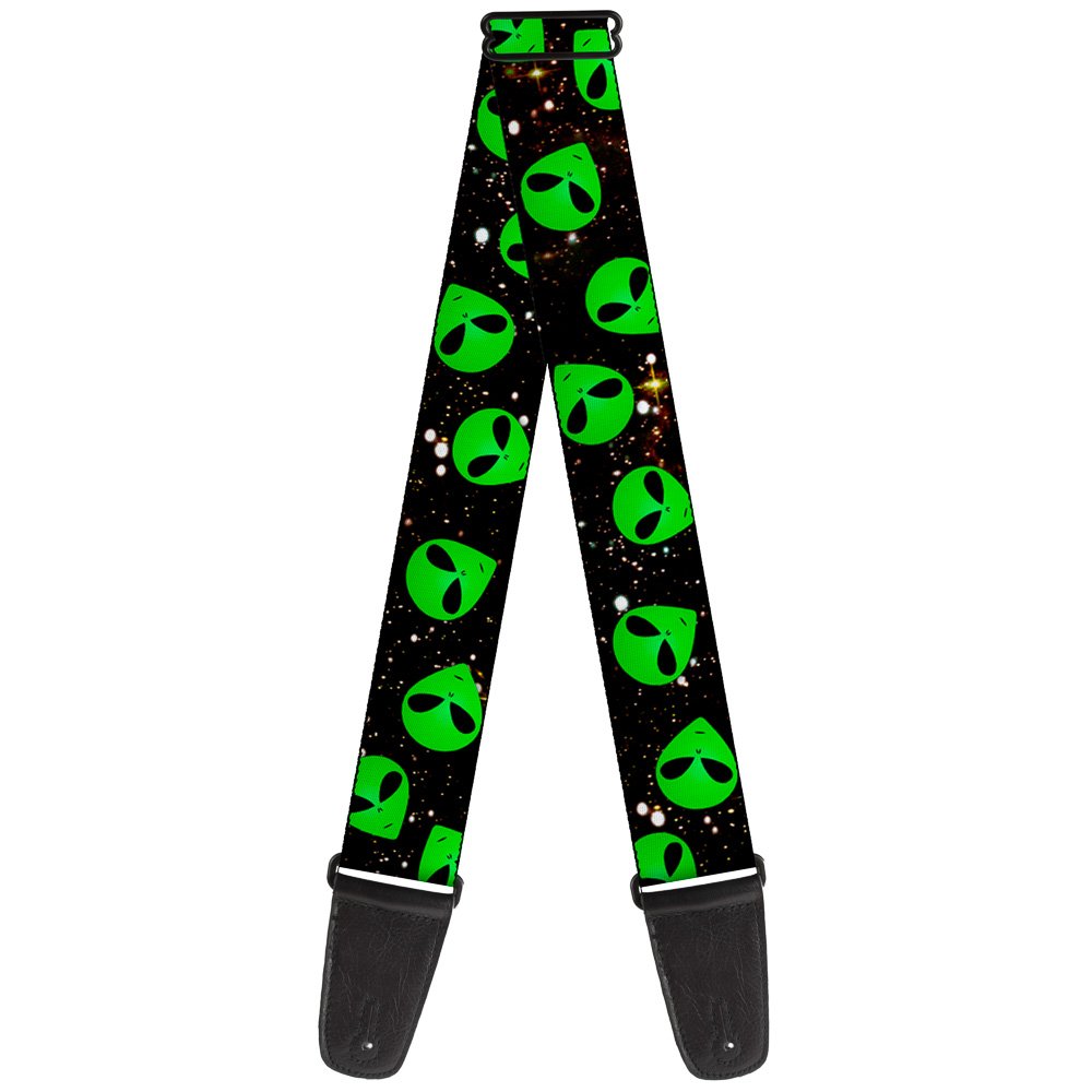 Guitar Strap Aliens Head Scattered Galaxy2 Green Black 2 Inches Wide