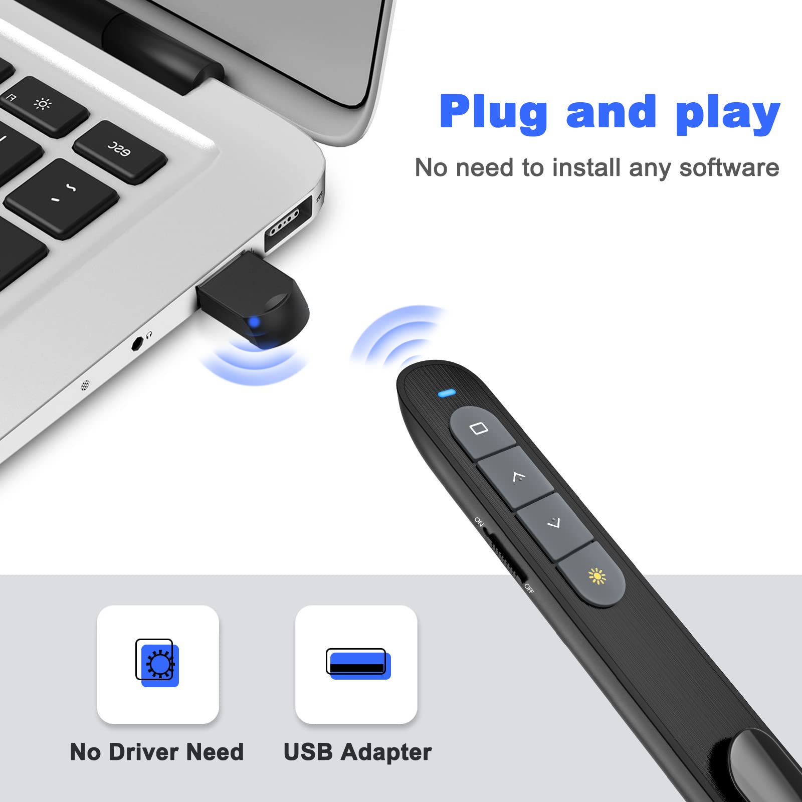 Ubuyone Wireless Presenter Remote Presentation Pointer Clicker With Hyperlink & Volume Control Usb Powerpoint Slide Advancer