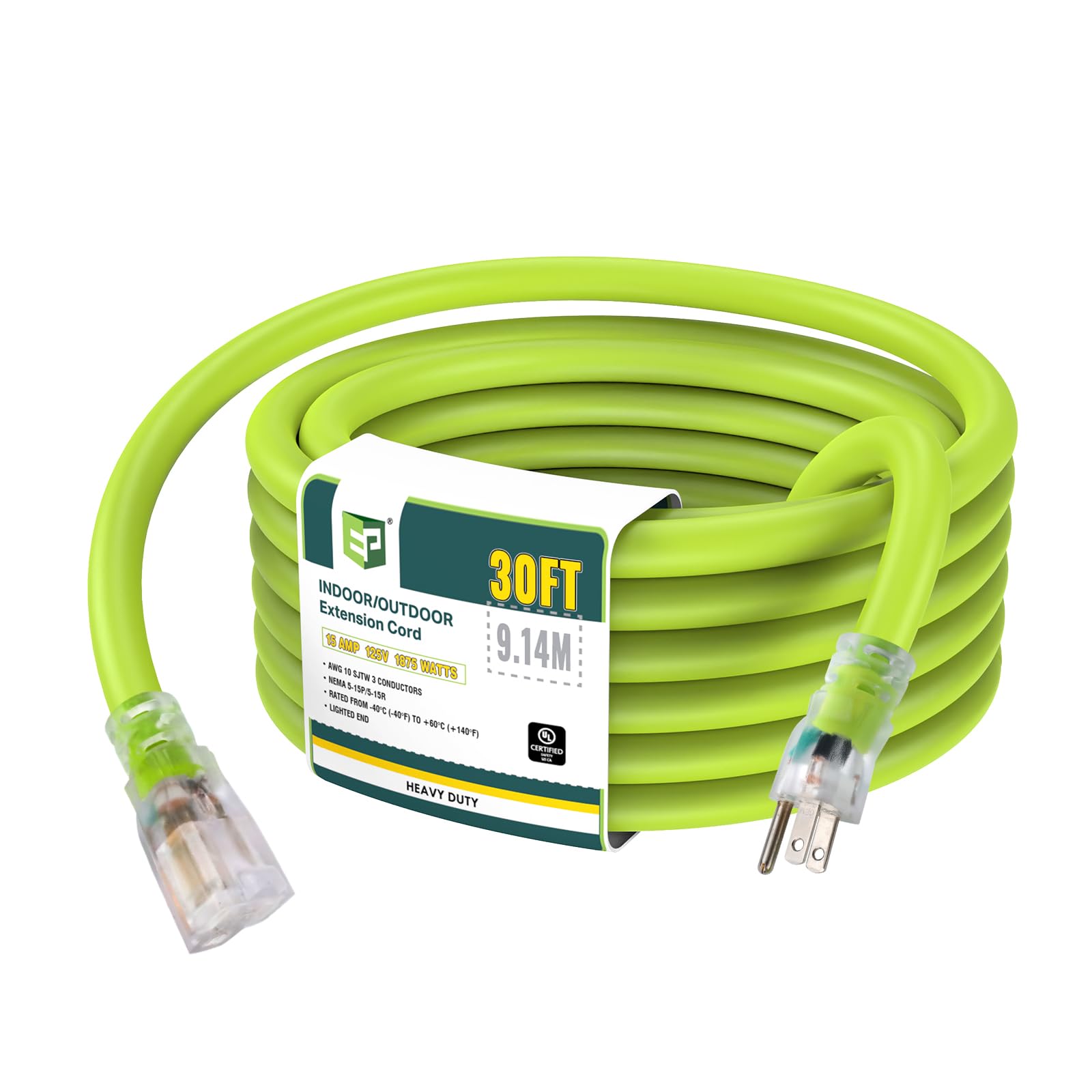 Ep 30 Ft Lighted Outdoor Extension Cord   10/3 Sjtw Heavy Duty Green Extension Cable With 3 Prong Grounded Plug For Safety, Ul L