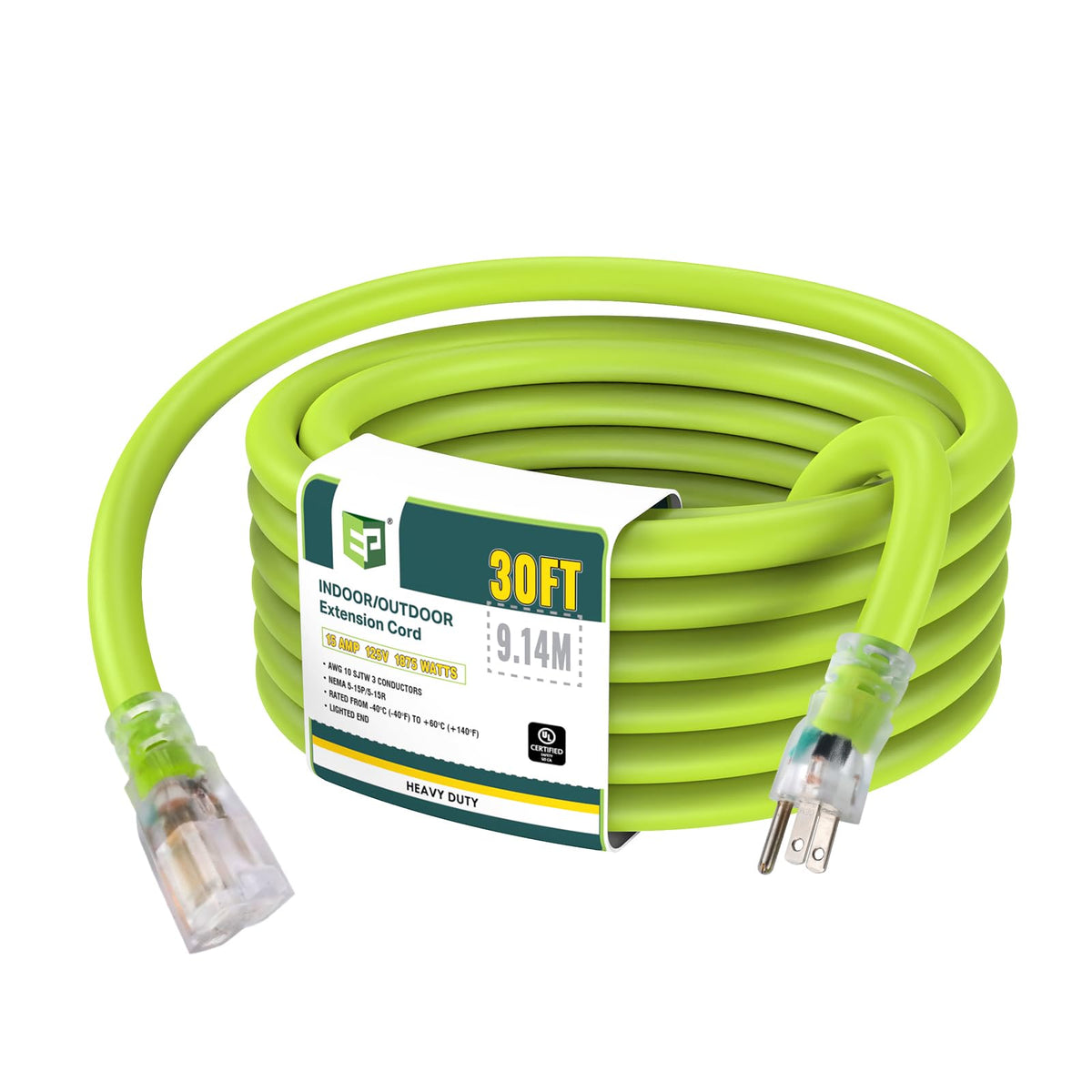 Ep 30 Ft Lighted Outdoor Extension Cord   10/3 Sjtw Heavy Duty Green Extension Cable With 3 Prong Grounded Plug For Safety, Ul L
