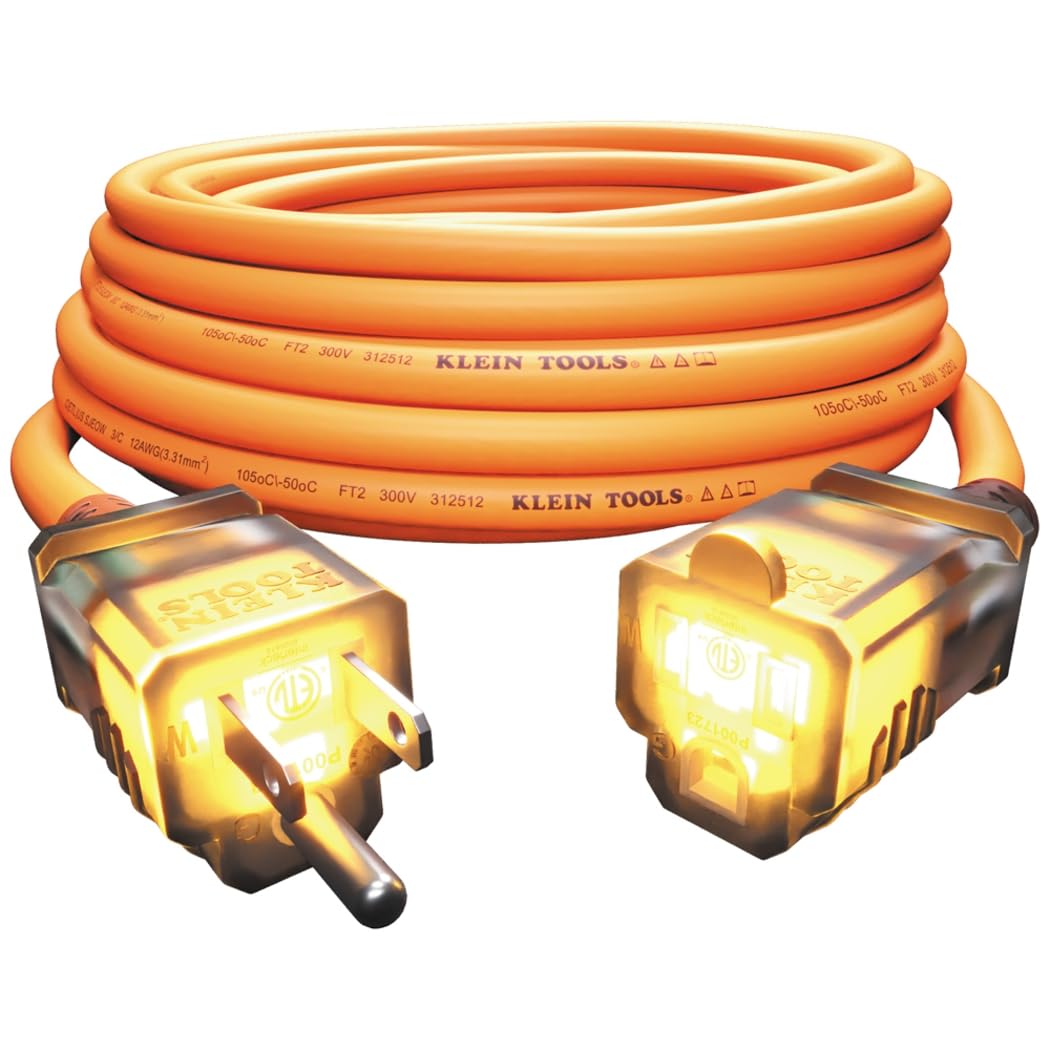 Klein Tools Exc2515 12/3 Sjeow 25-Foot Extension Cord, Led Ends, Daytime Visibility, Flexible In Cold Weather, 99.9% Copper Wire